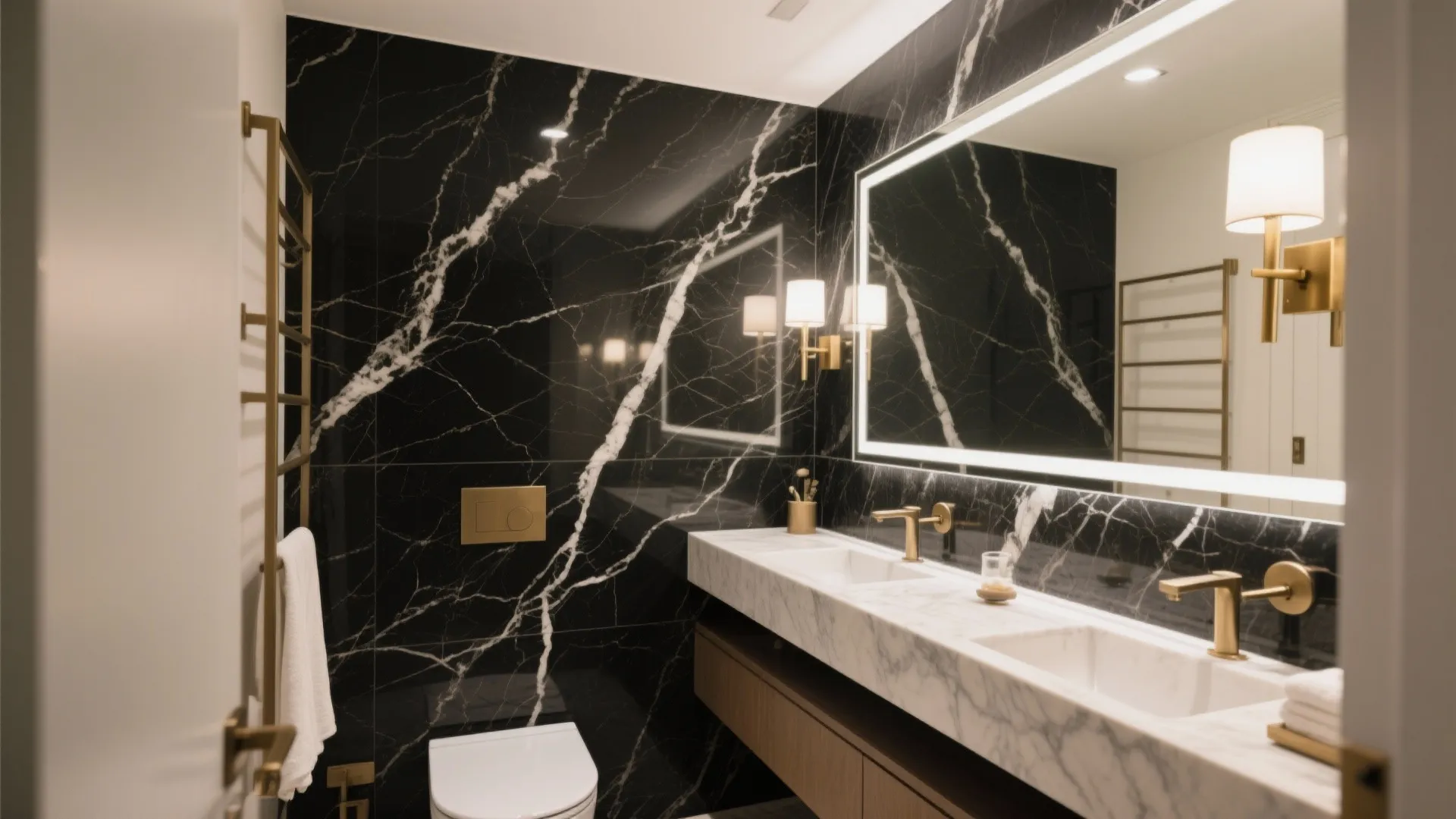 Vein-matched black marble feature wall with a backlit mirror and brass sconces, layered lighting enhancing a small bathroom.