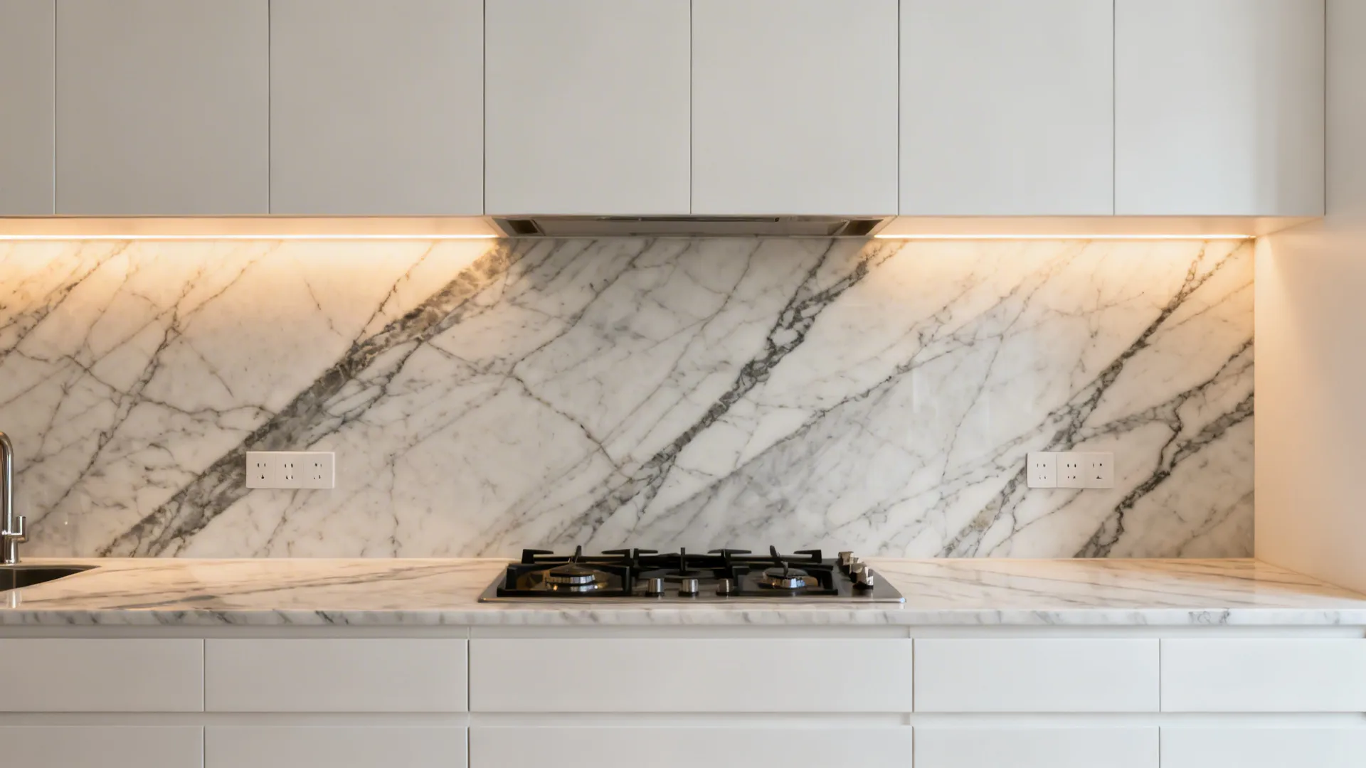 Indian kitchen with vein-matched marble counter and full-height backsplash forming a continuous surface.