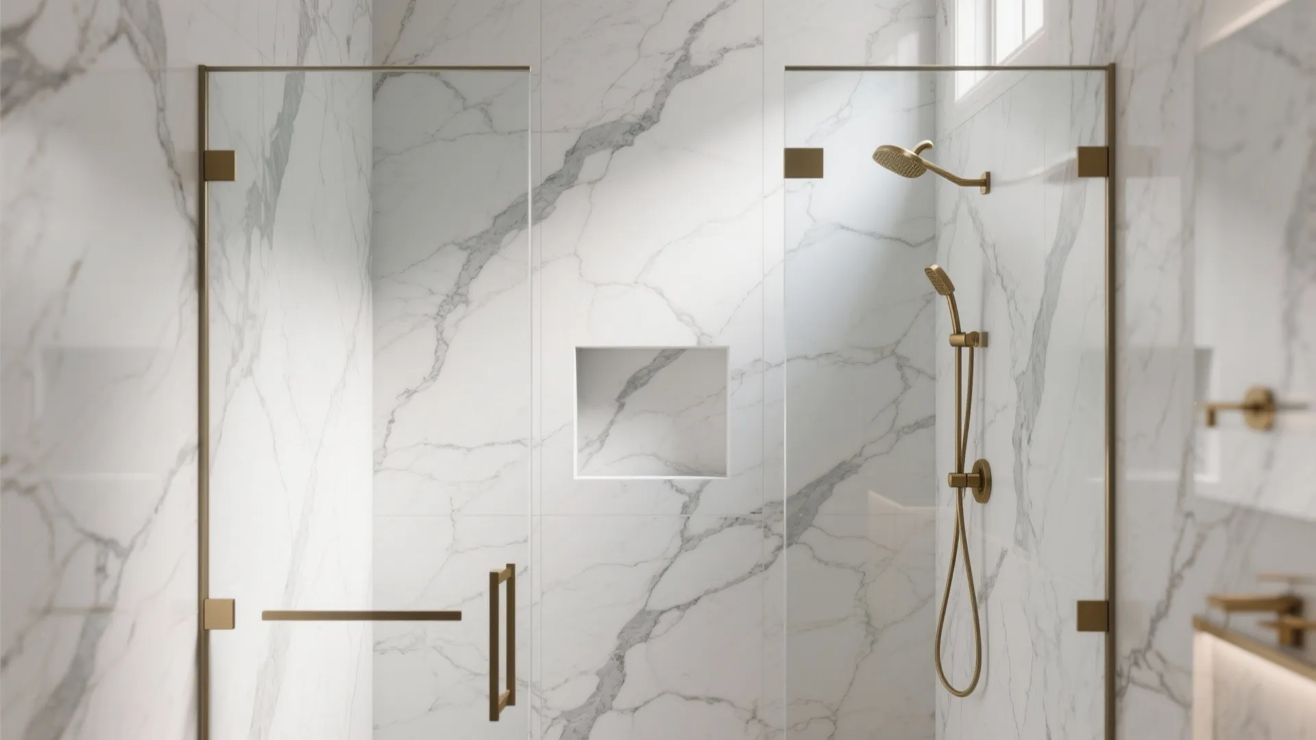 5) Vein-matched shower walls with a practical niche