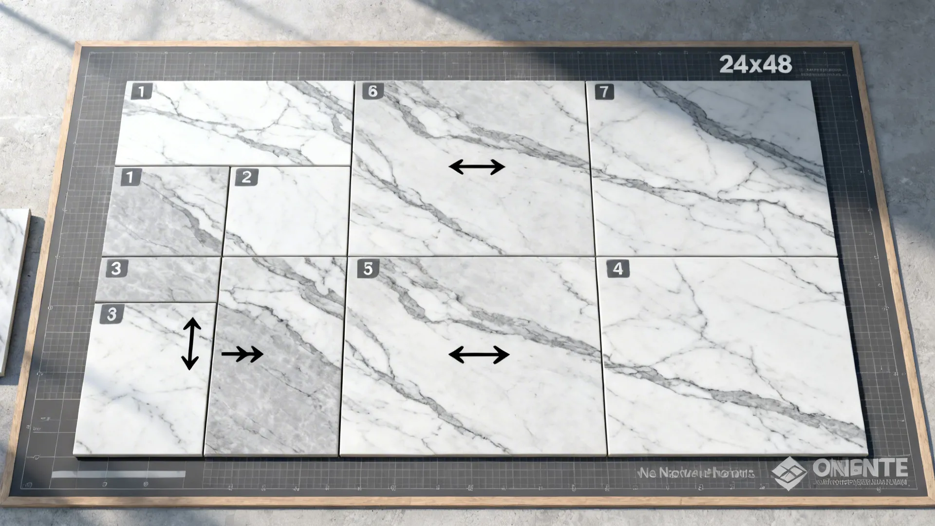 Top-down dry-lay plan illustrating vein alignment across large porcelain slabs.