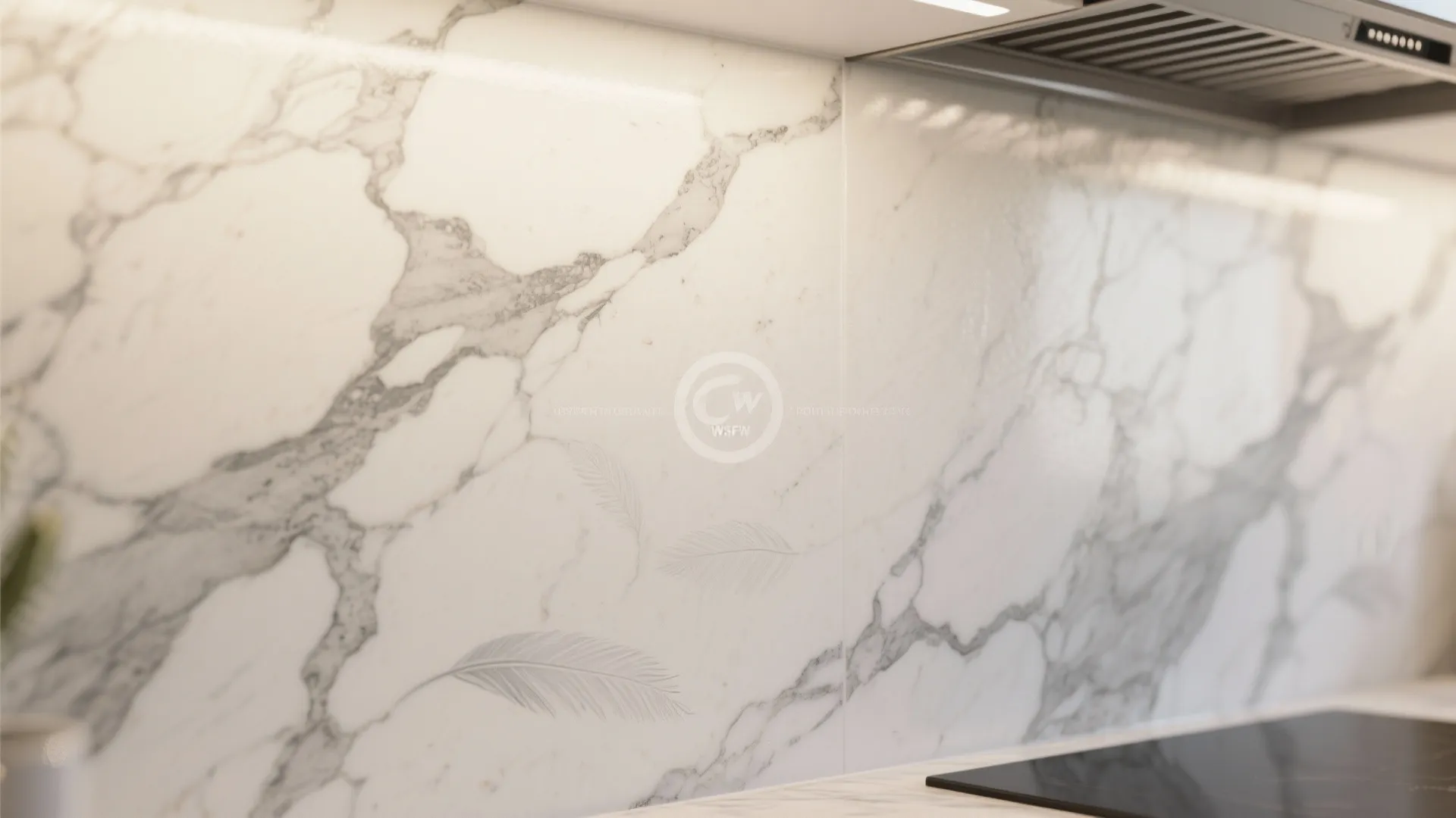 Soft-veined marble effect for compact kitchens