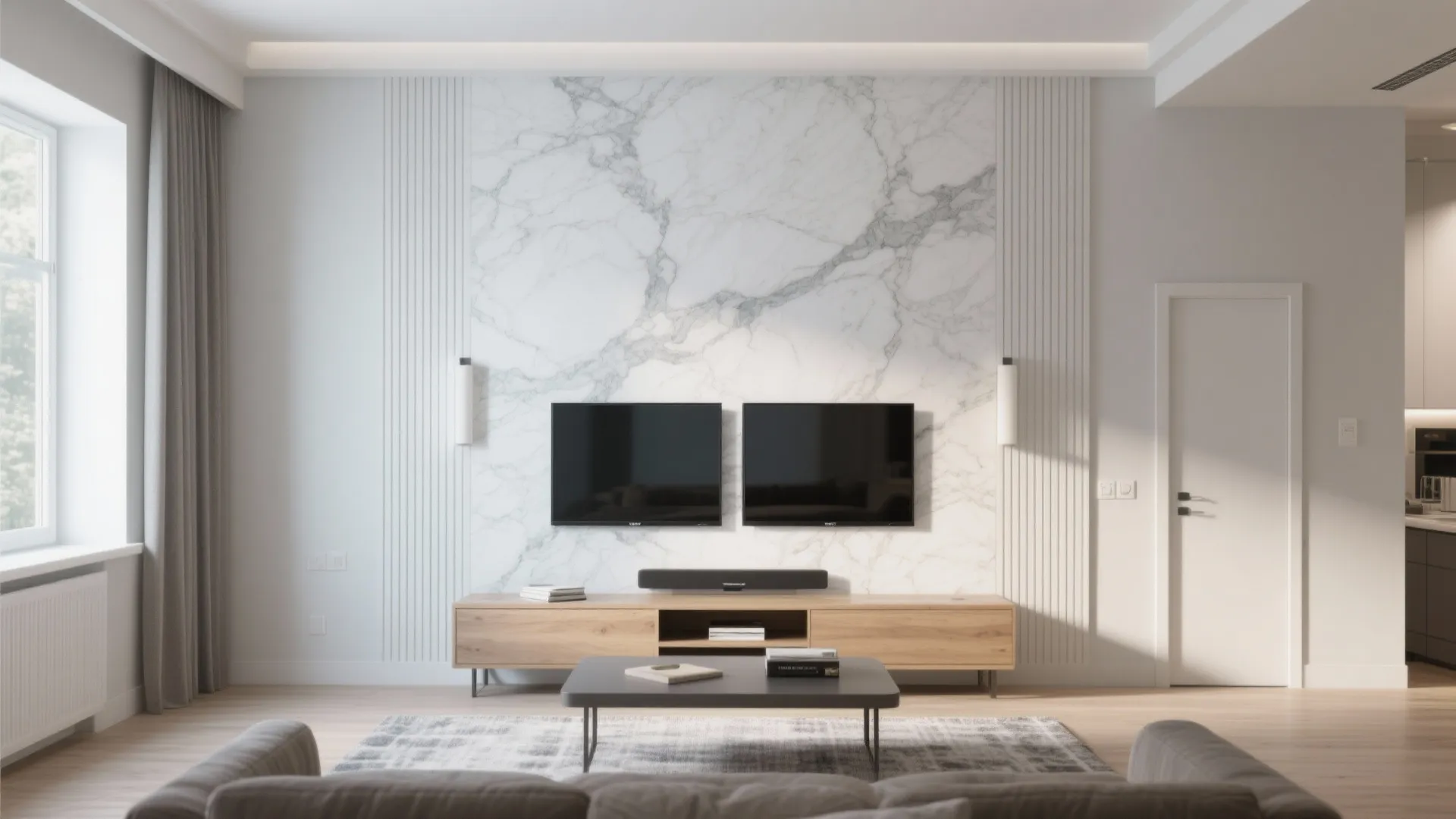 Modern living room with marble wall panel two television screens wooden cabinet and grey coffee table