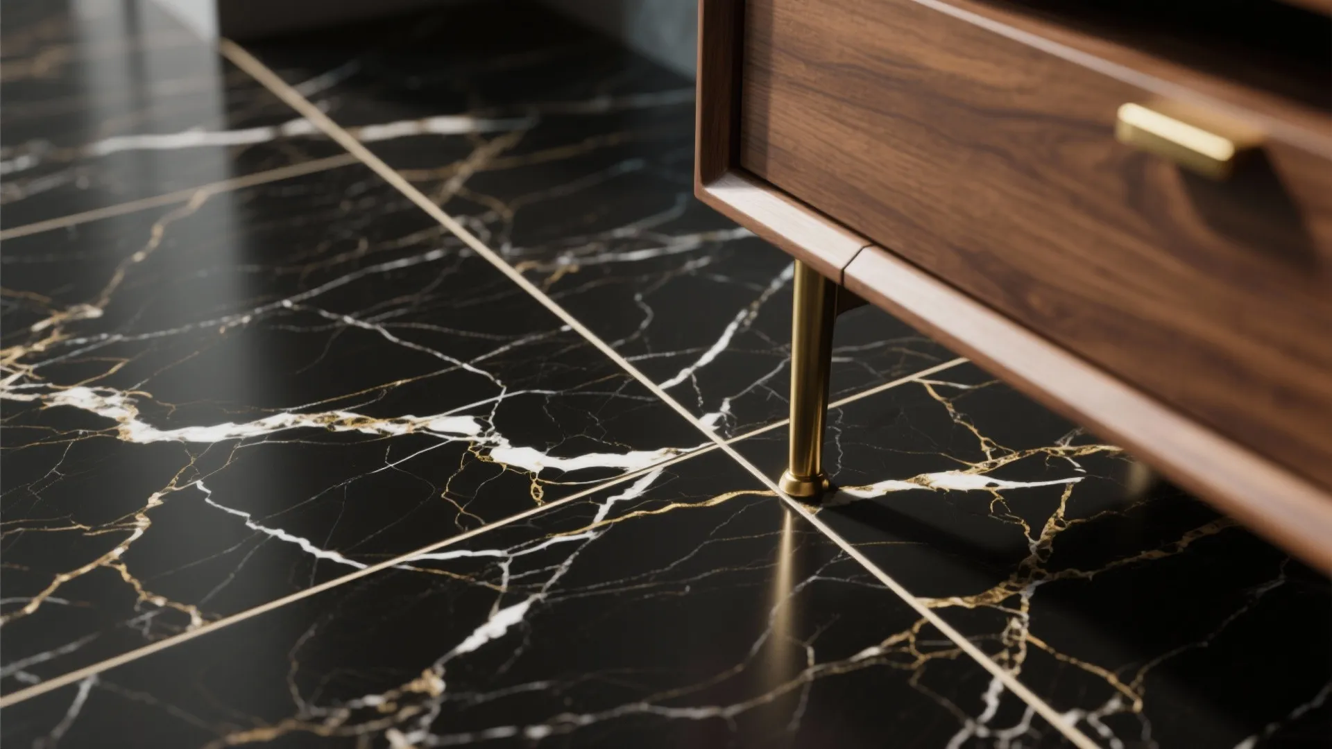 Veined Black Marble-Effect Tiles with Warm Contrasts