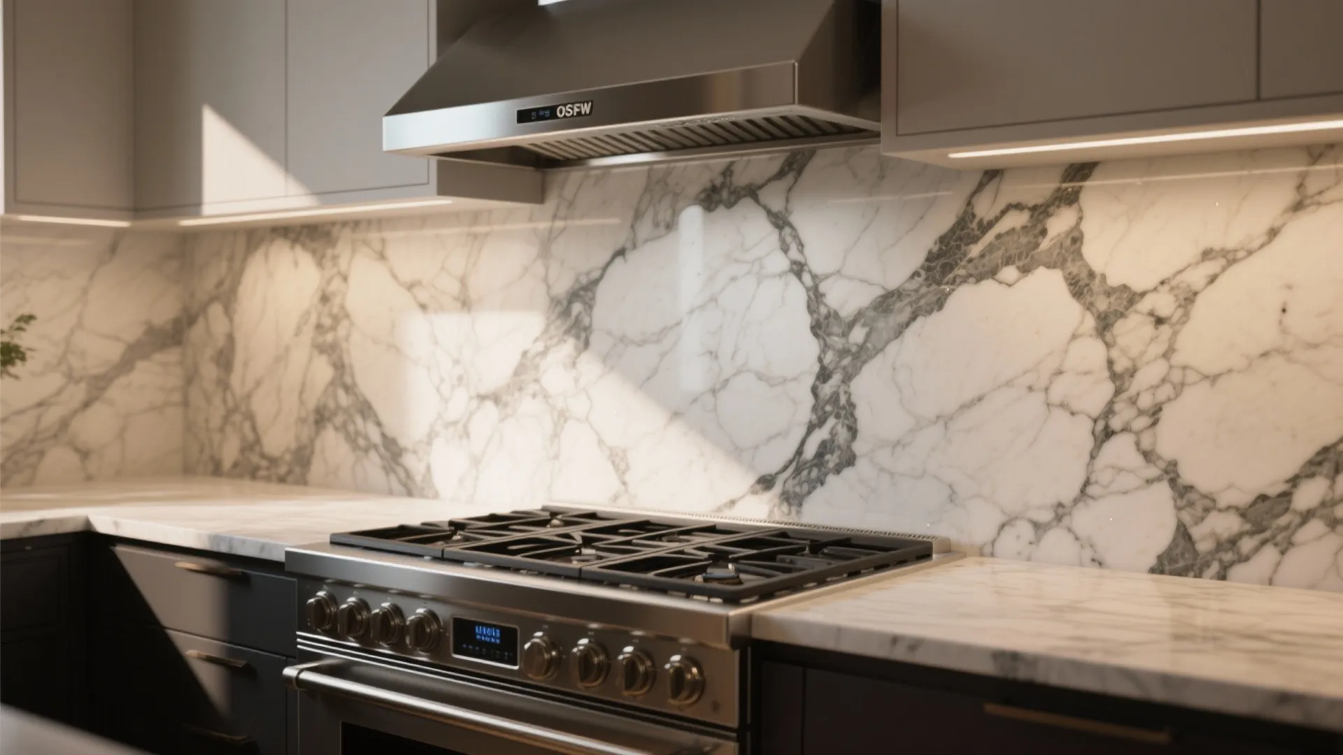 Modern kitchen with white marble wall stainless steel gas stove oven black cabinets and metal