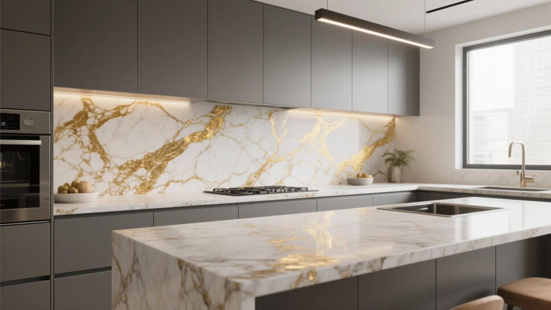 5. Bold Veined Granite with Minimalist Backsplash