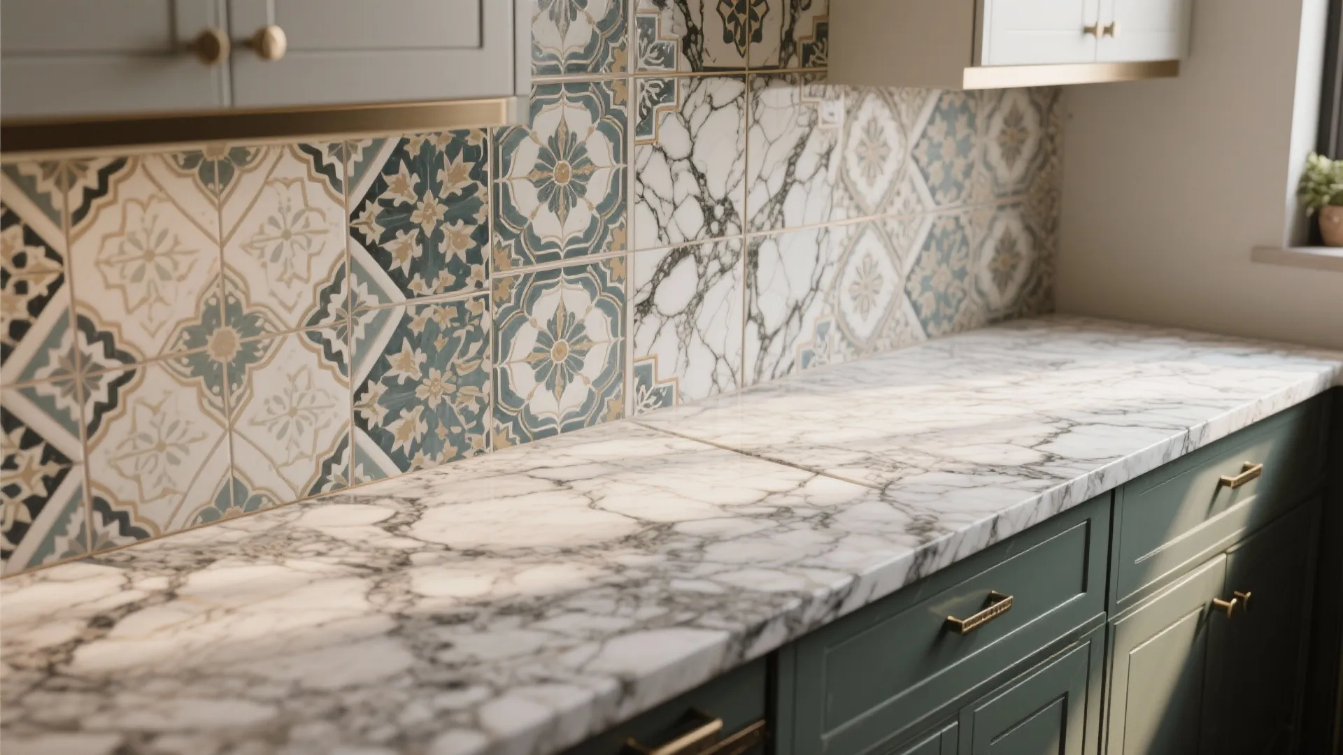 5. Veined Granite with Patterned Ceramic Backsplash