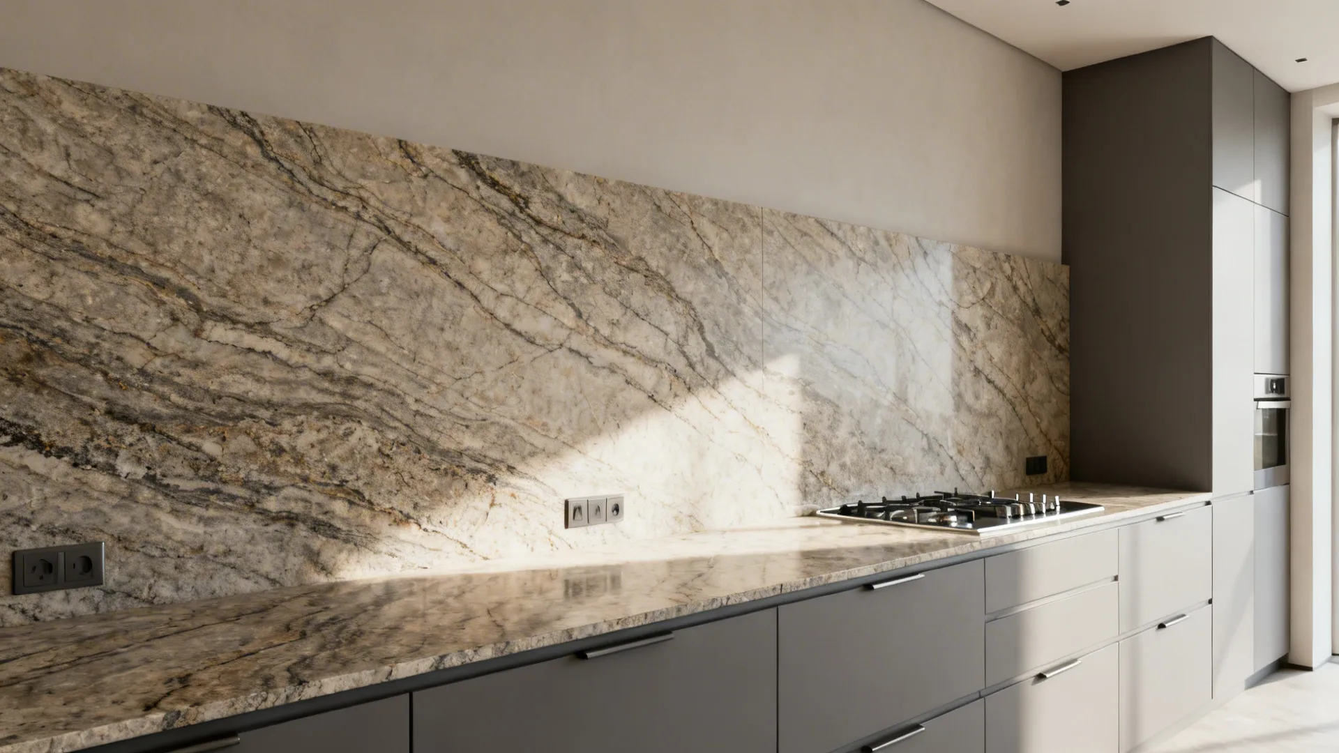 Mid-tone veined granite flows from countertop into a full-height book-matched slab backsplash.