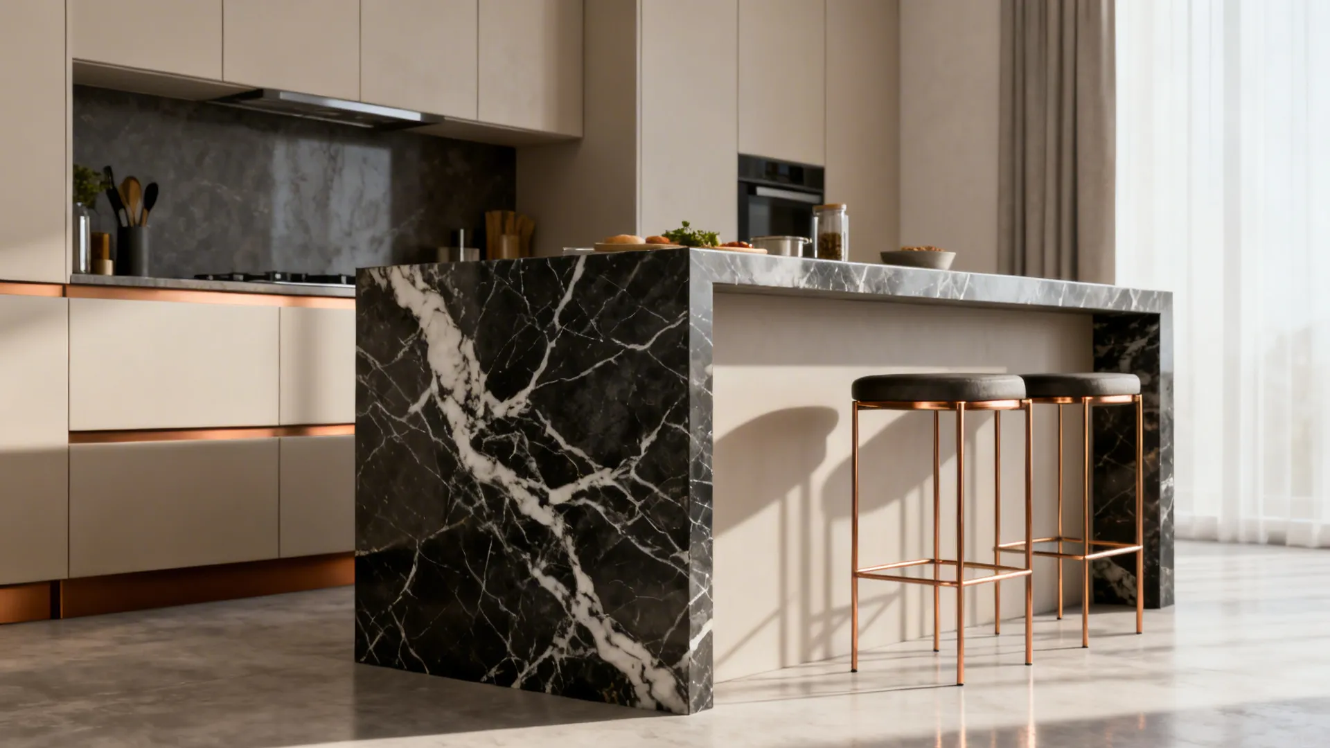 Compact kitchen peninsula with bold veined quartz and a waterfall edge.