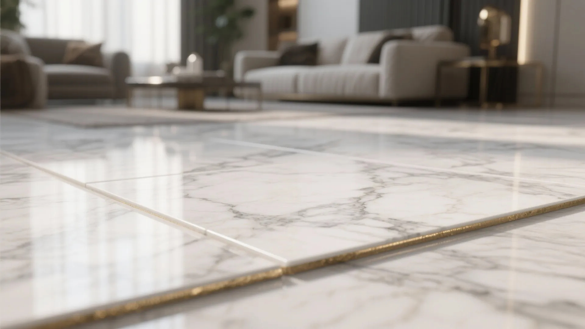 Close up of white marble floor tiles with grey veins and gold edges in bright room