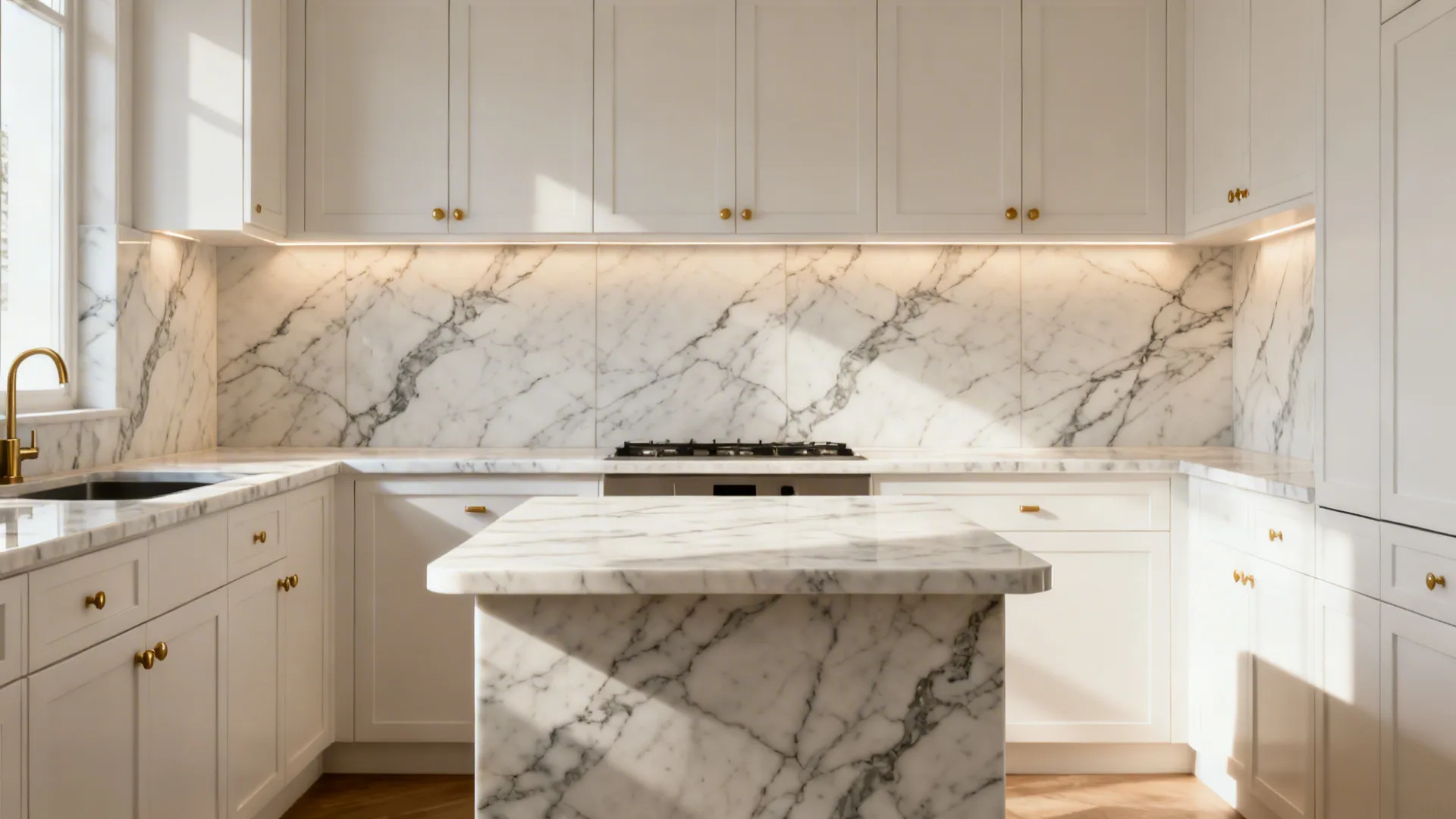Small kitchen with Calacatta-look porcelain slabs aligned across countertop and backsplash joints.
