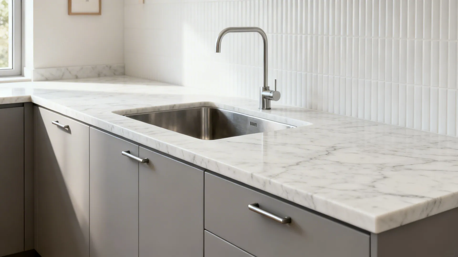 Veined White Quartz with Soft-Grey Cabinetry