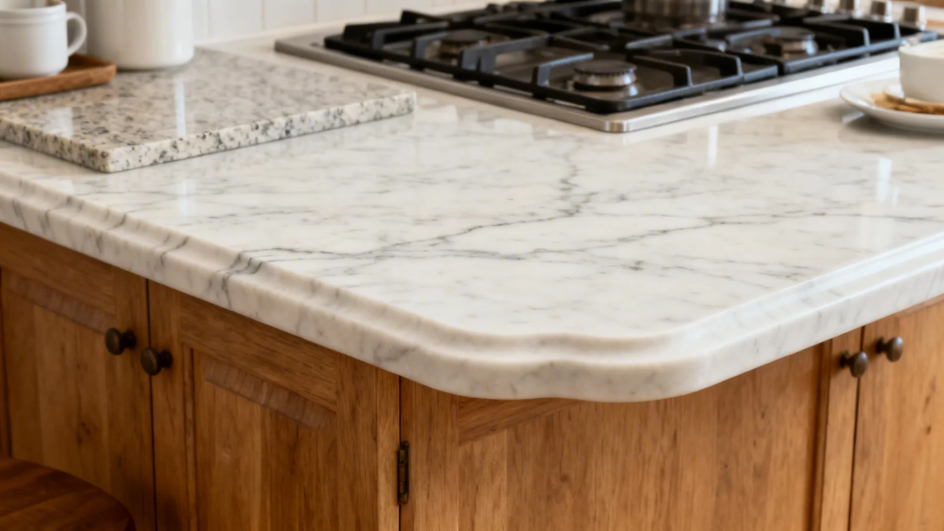 White marble countertop with grey veins and curved edge above light brown wooden home kitchen