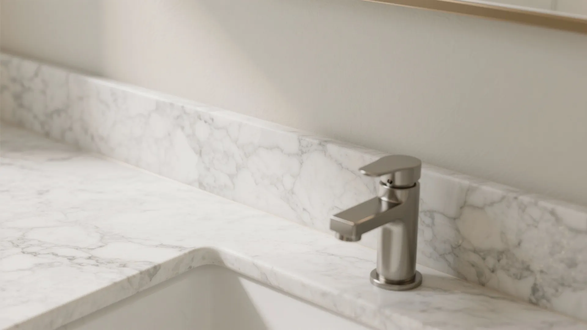Close-up of veined granite vanity with integrated backsplash and eased edge profile.