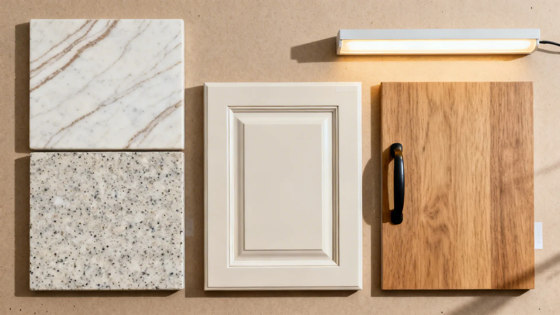 Top-down granite samples comparing subtle veining and flecked patterns with cabinet swatches.