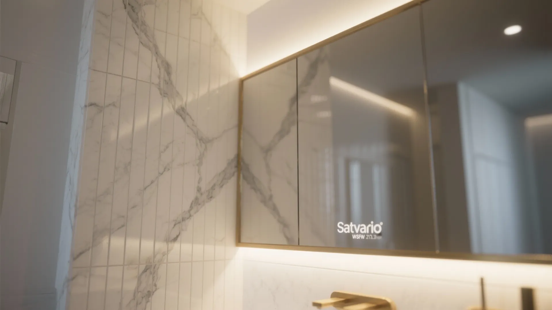 Modern bathroom mirror with warm backlighting mounted on a white marble wall with grey veins