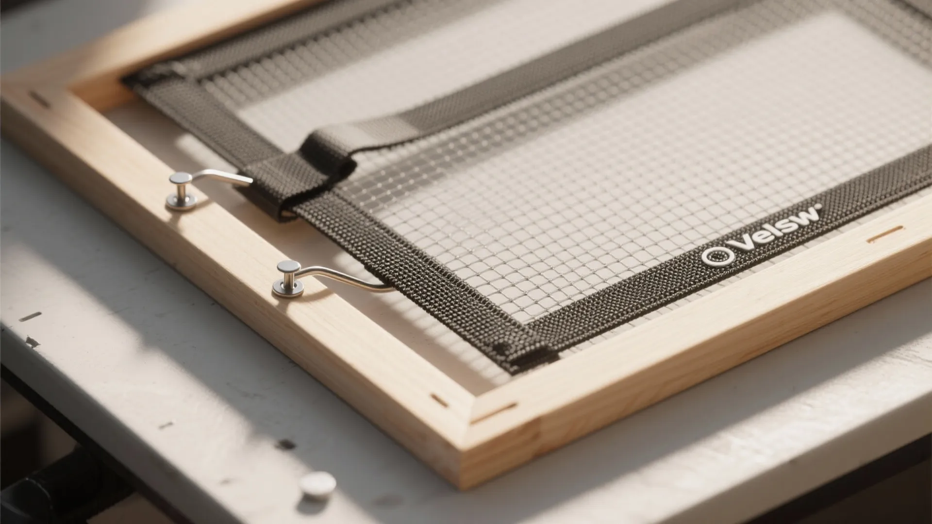 Mesh screen attached to a light wooden frame using a black strap and metal clips