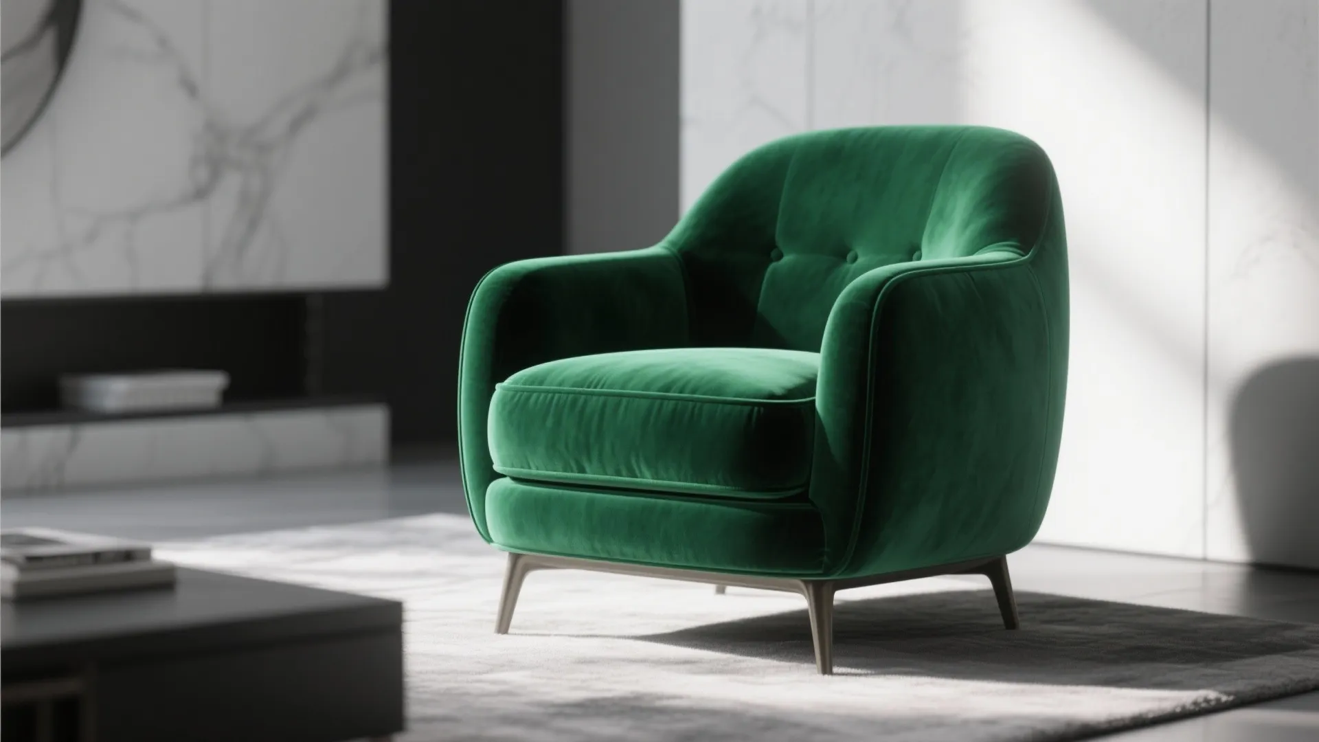 Emerald velvet accent armchair as a focal point in a monochrome living room