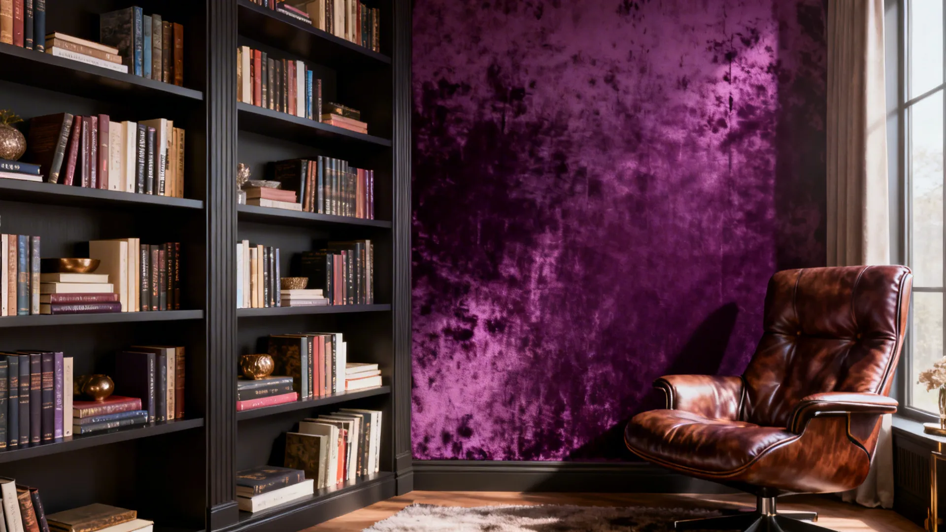 Cozy library nook with a velvet low-sheen jewel-toned accent wall that absorbs light for rich depth.