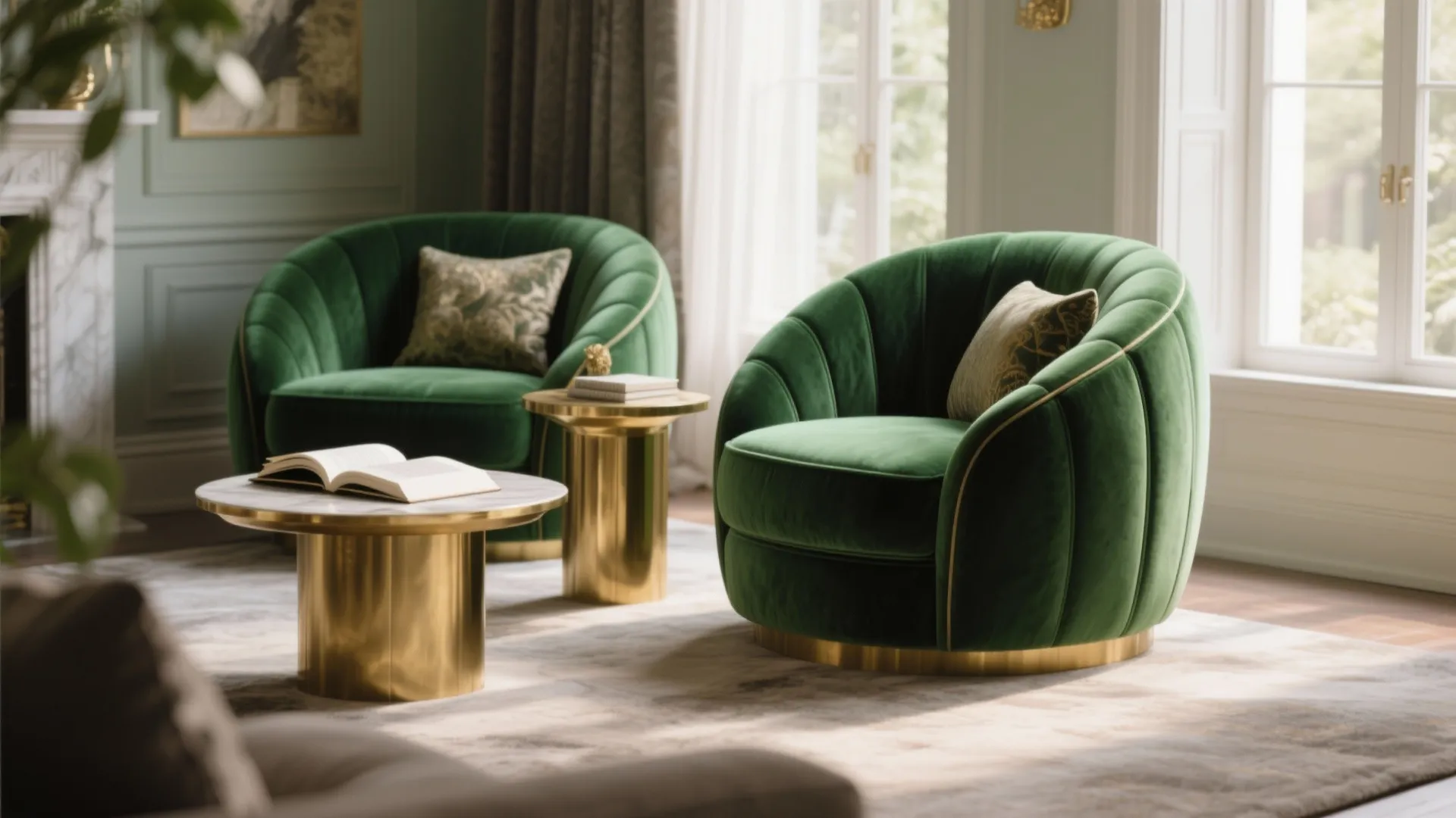 Two green velvet round armchairs with gold bases in a luxury room with marble side tables