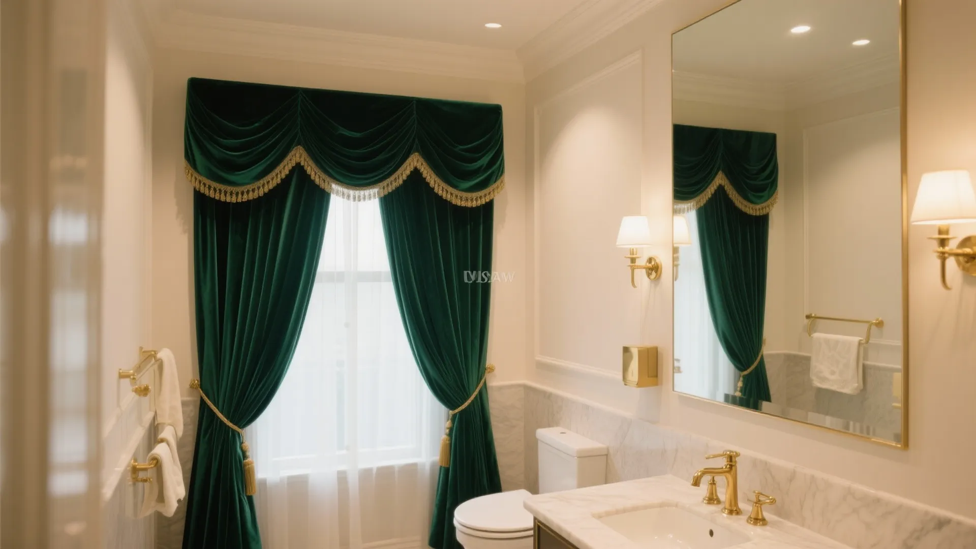 Elegant white bathroom featuring green velvet curtains with gold trim hanging over a small window
