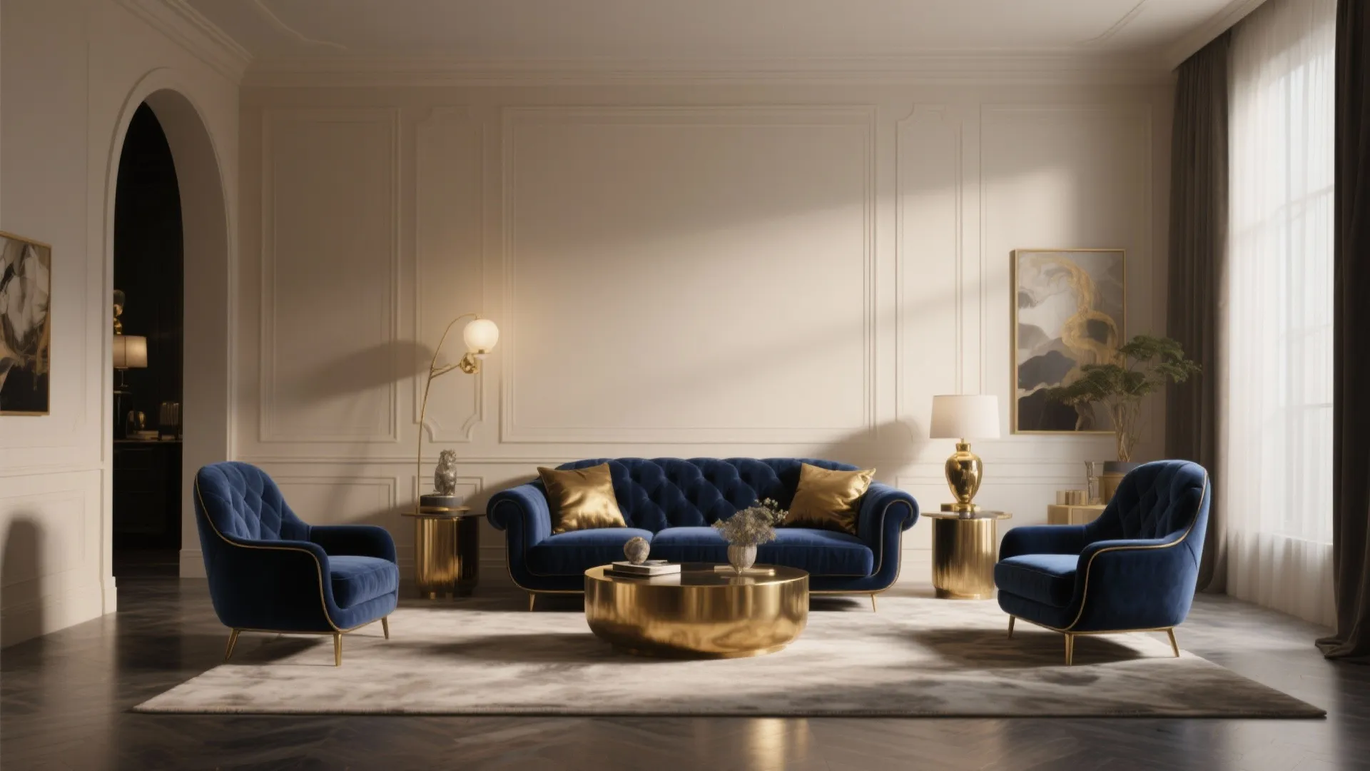 Luxury living room with blue velvet sofa gold coffee table wall panel and large arched doorway