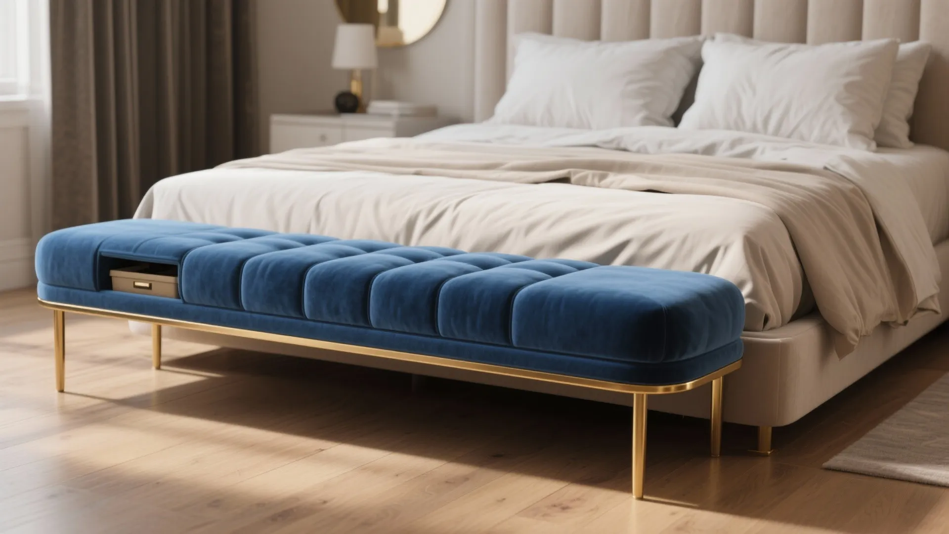 Low blue velvet bench with brass legs at the foot of a bed, combining softness and storage.