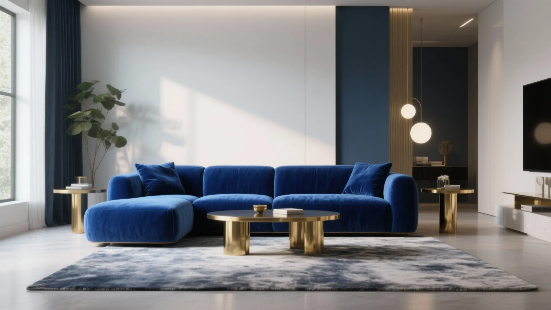 Large blue sofa on a blue patterned rug with gold coffee tables in white room