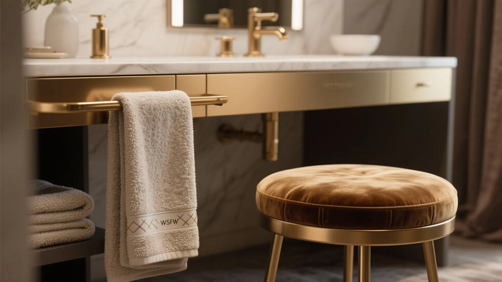 Close-up of a velvet stool, brushed brass vanity hardware and textured quick-dry towels in a glam bathroom.