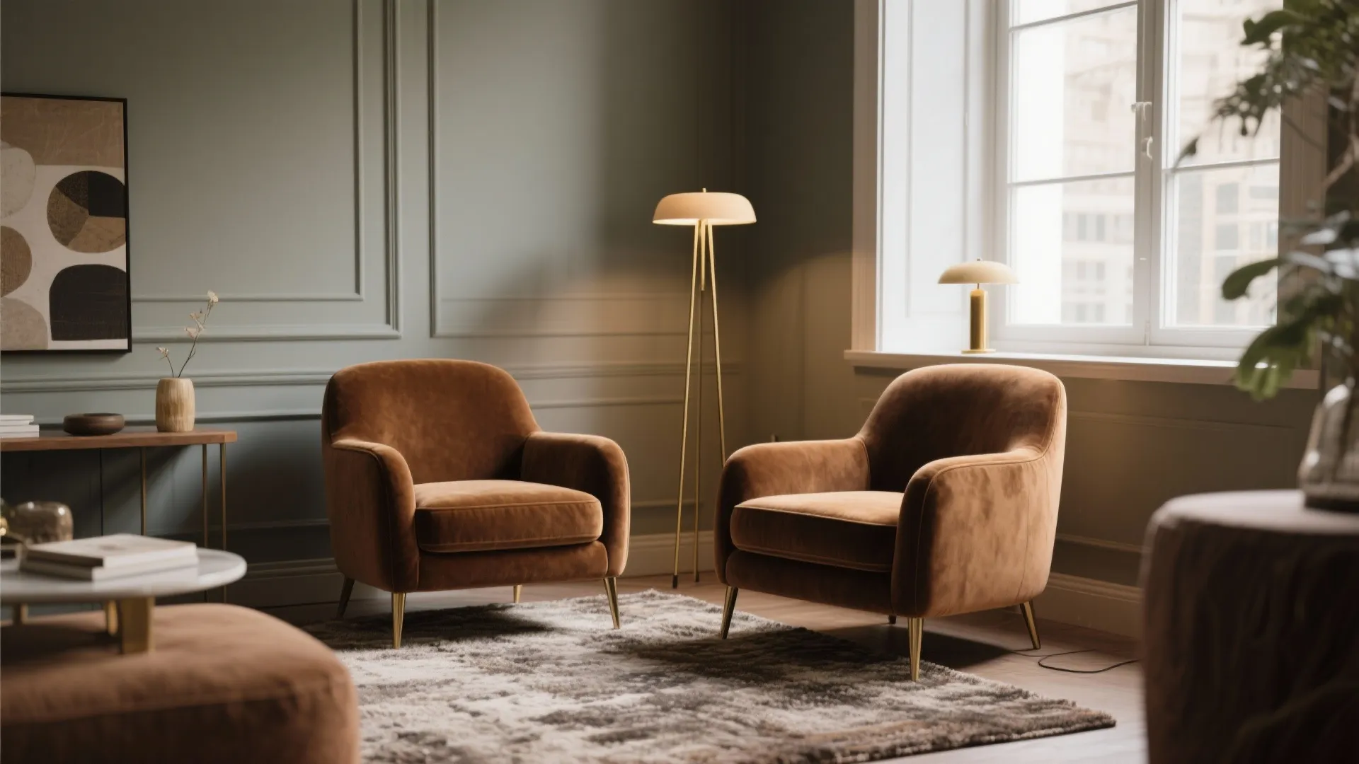 Velvet Armchairs in Earthy Brown with Brass Lamps