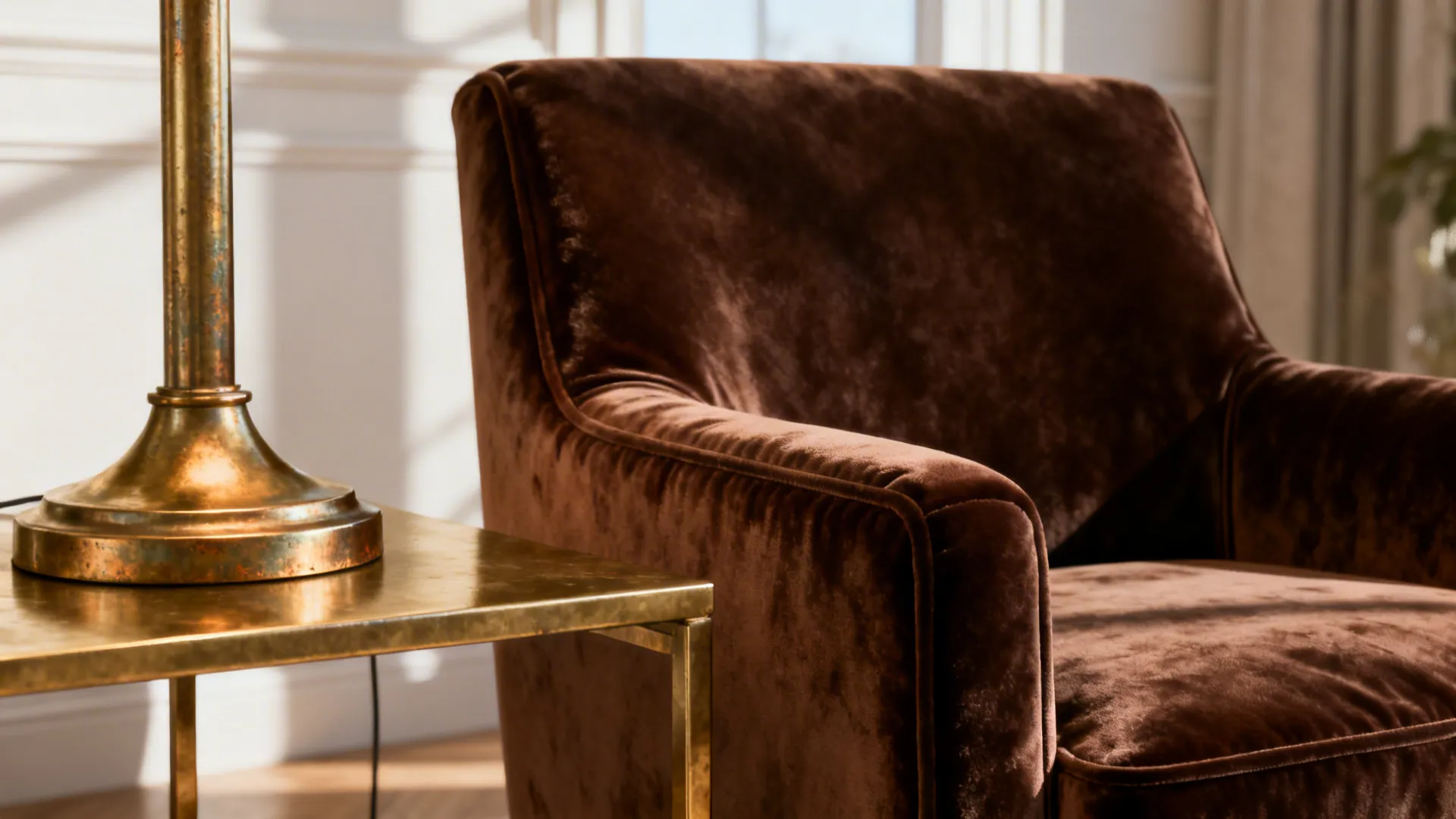 Brown velvet sofa next to a gold metal table with a simple gold light fixture base