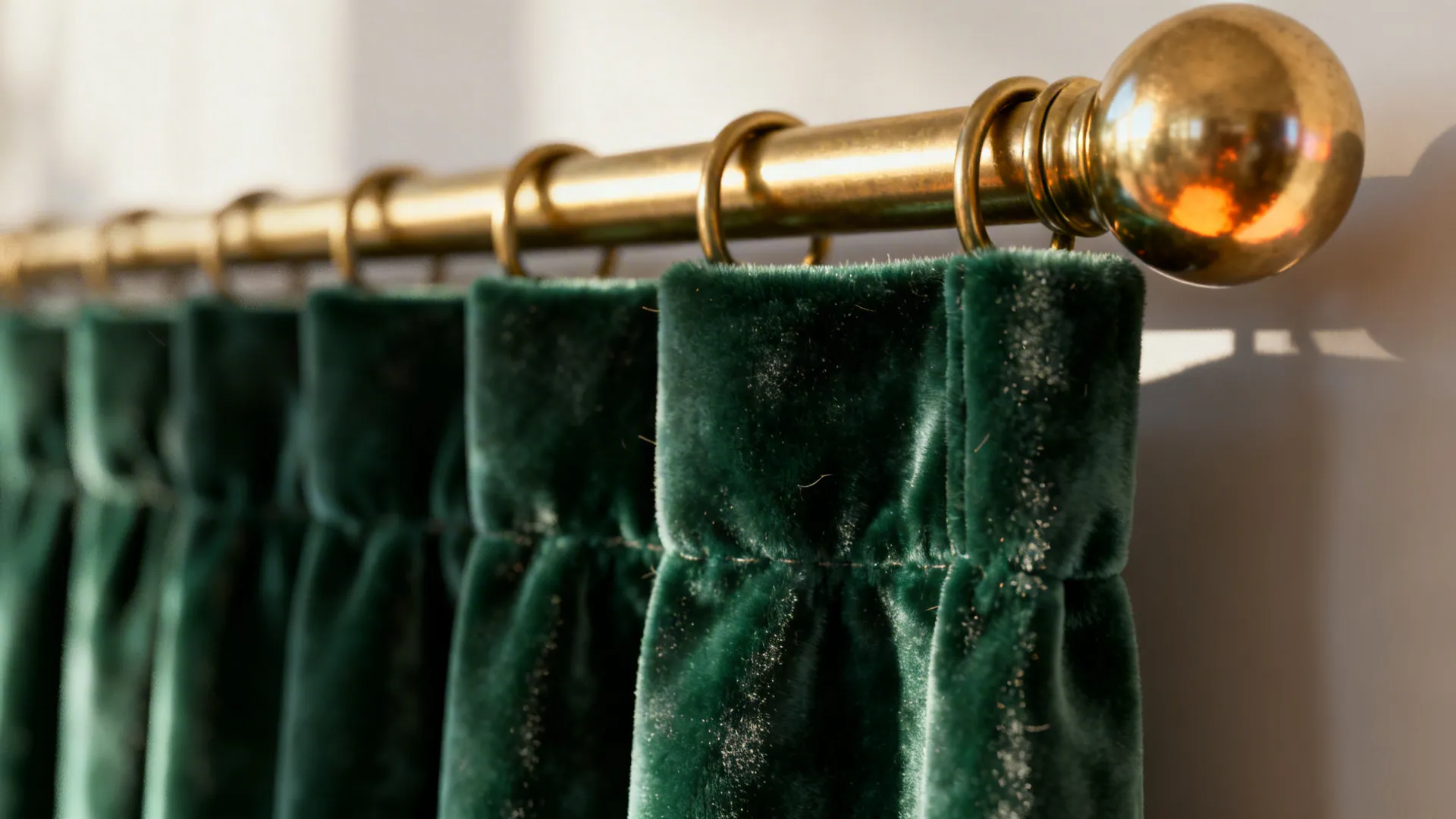 Macro view of dark green velvet curtain on a slim brass rod showing fabric texture and hardware.