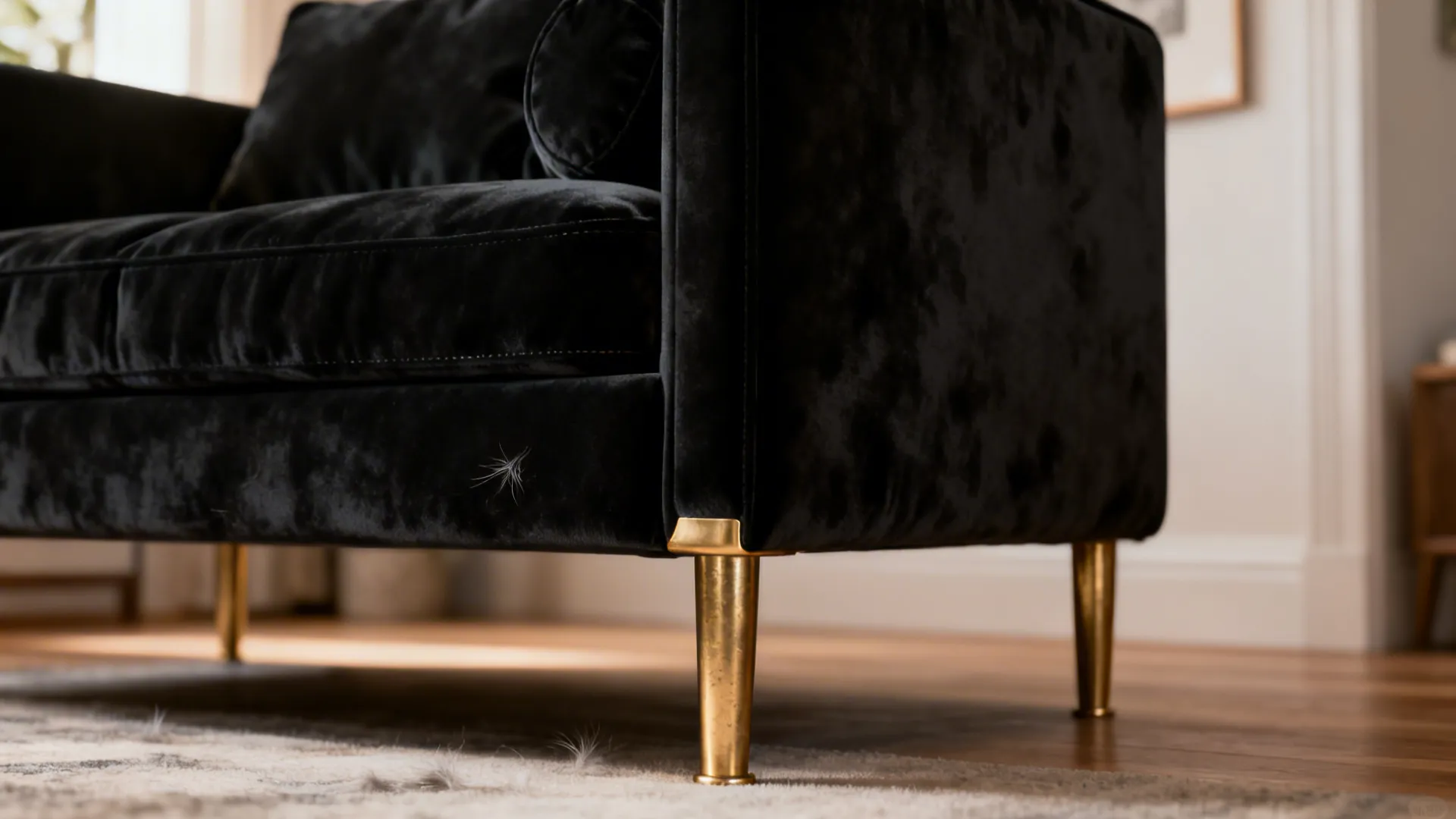 Compact black velvet sofa with brushed brass legs showing textile texture and seam details.