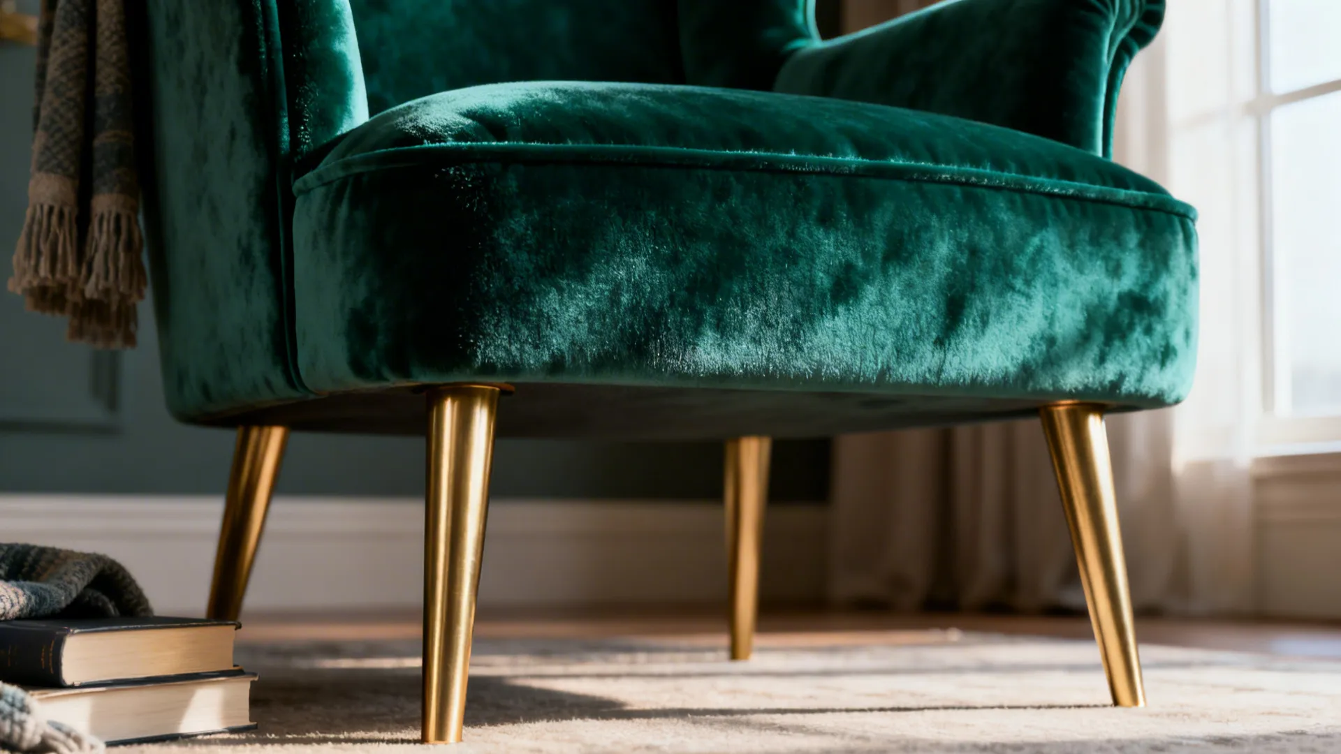 Macro detail of an emerald velvet wingback chair with slim brushed brass legs and textured fabric
