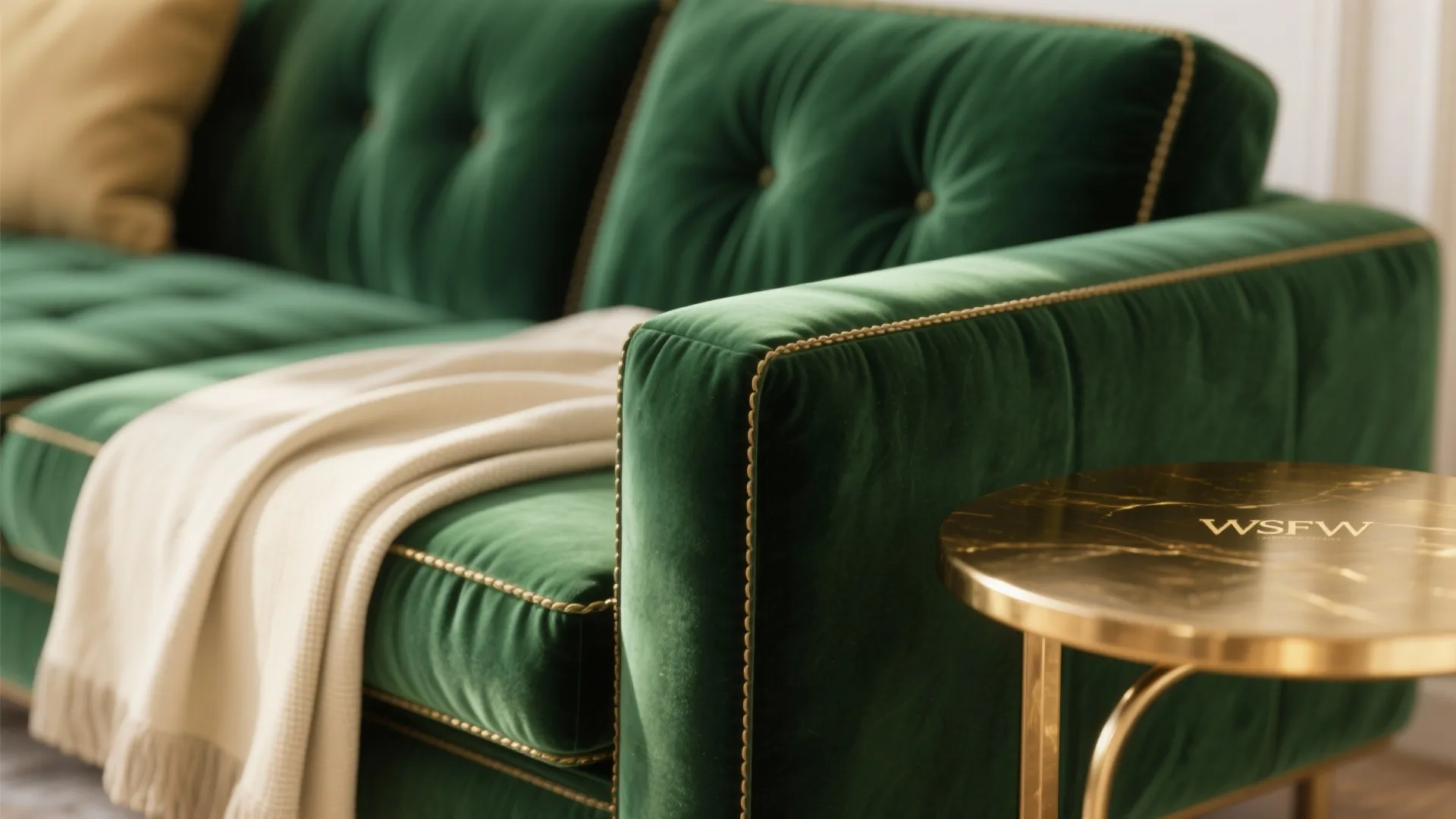 Green Velvet Sofa with Brass Accents