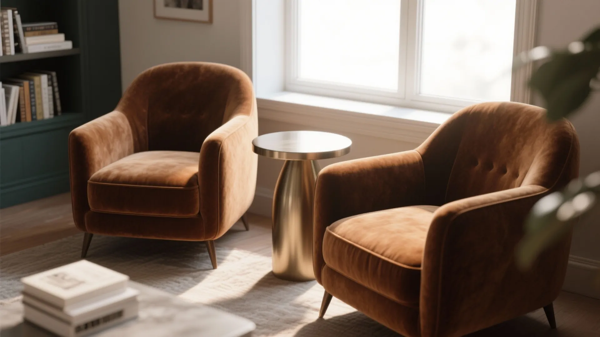 Velvet brown armchairs in a bright reading nook