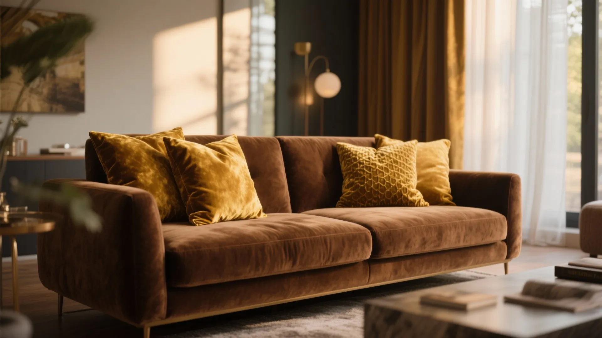 Brown velvet sofa with mustard gold cushions in living room