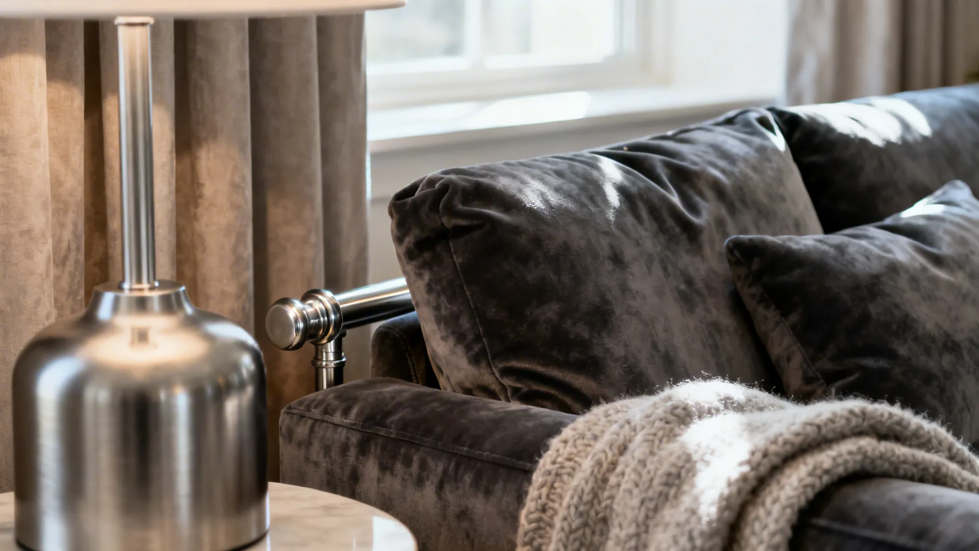 Close-up of charcoal velvet sofa with a brushed-silver lamp and textured throw.