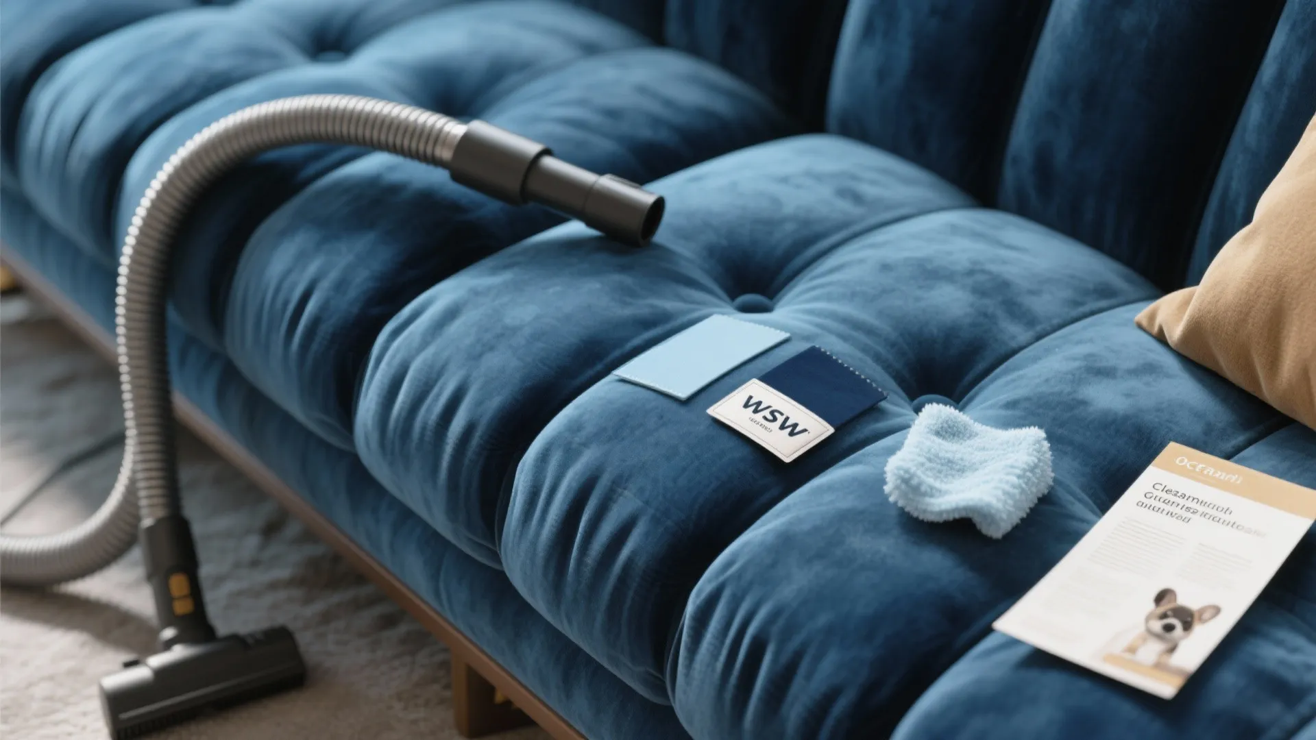 Close-up of navy velvet texture, fabric swatches and a vacuum tool indicating care tips.