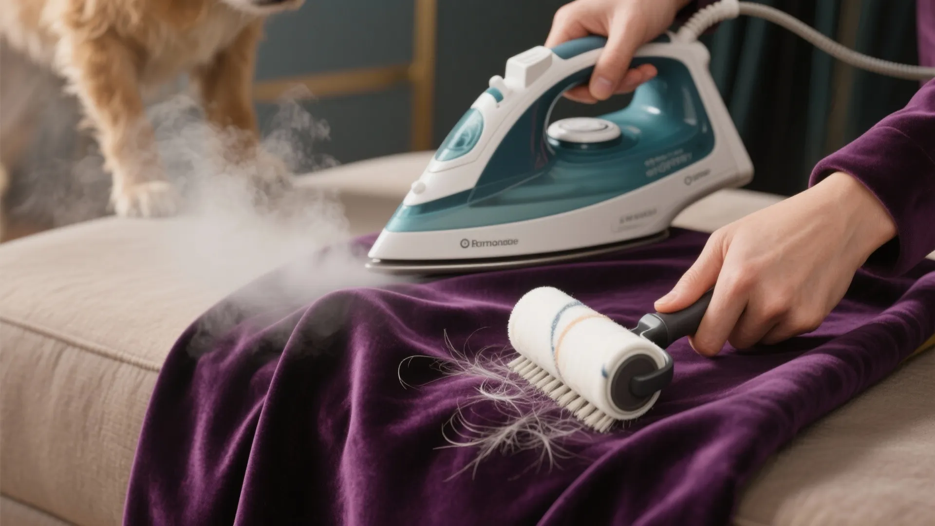 Close-up of caring for black velvet with a brush and lint roller removing pet hair
