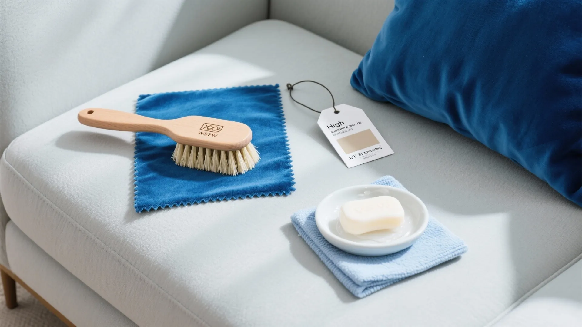 Cleaning tools for sofa care including a wooden brush and small white soap on blue fabric