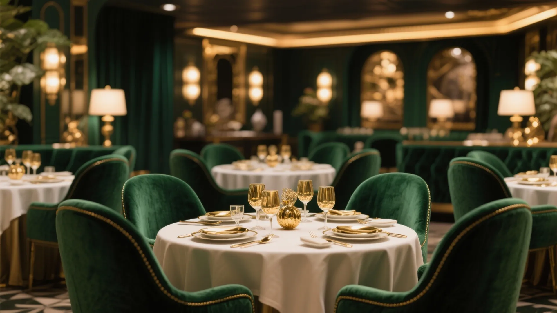Luxury dining room with green velvet chairs gold tableware white tablecloths and warm ambient lighting