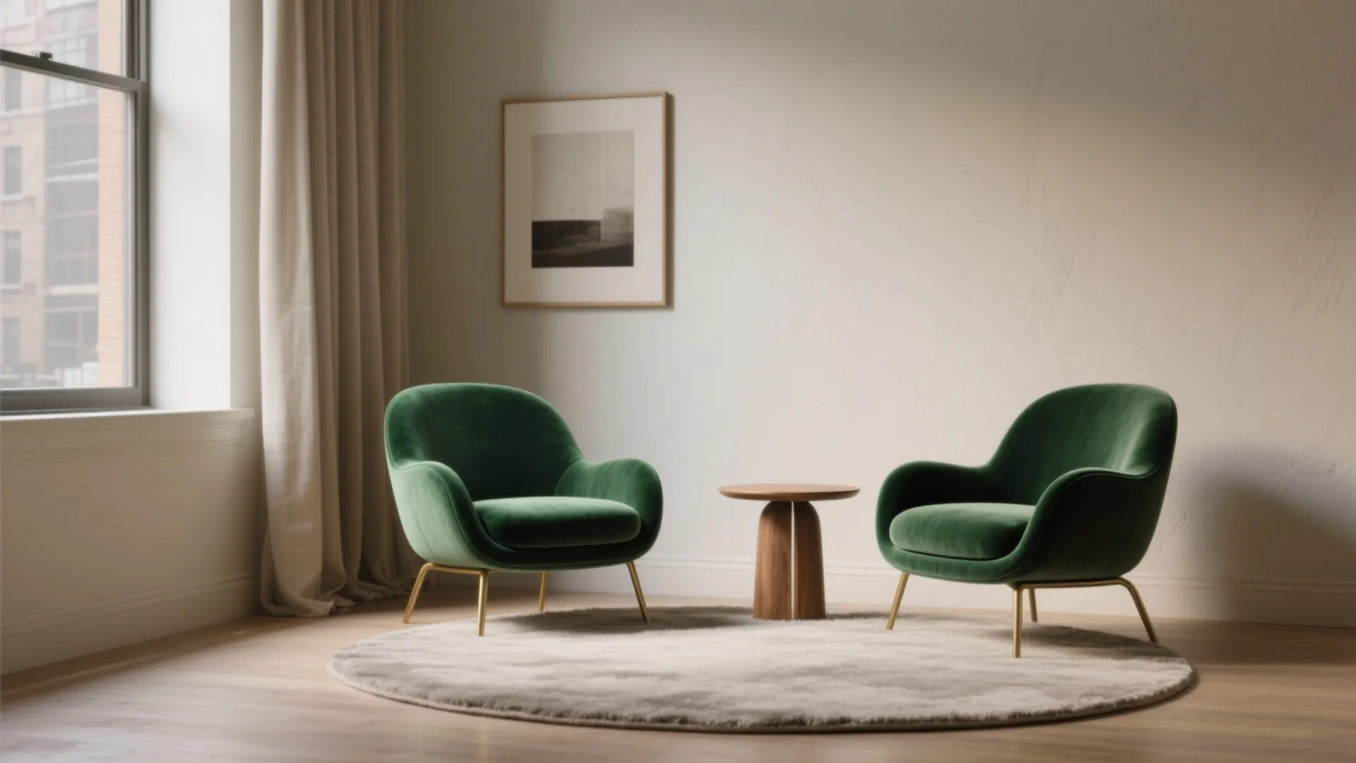 Two green velvet chairs with gold legs facing a small wood table on round rug