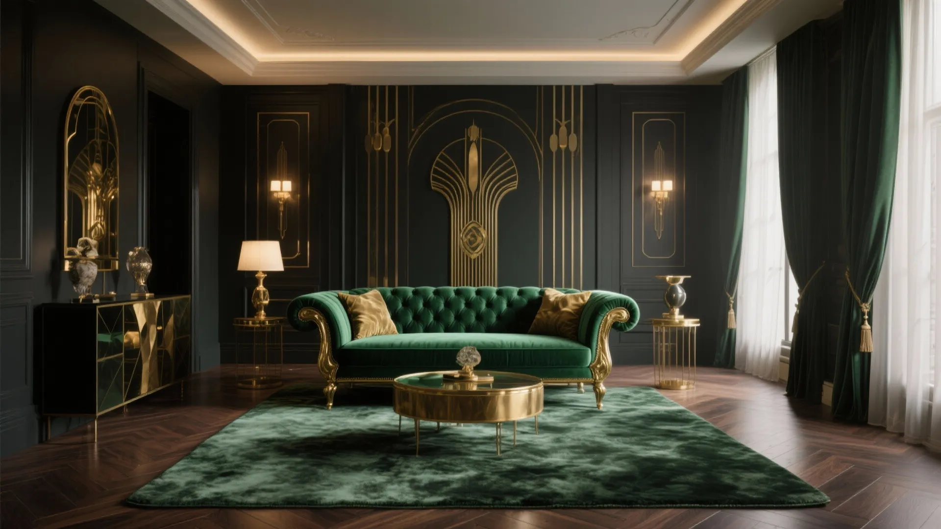 Luxury living room with green sofa gold coffee table wall panels dark walls and green curtains