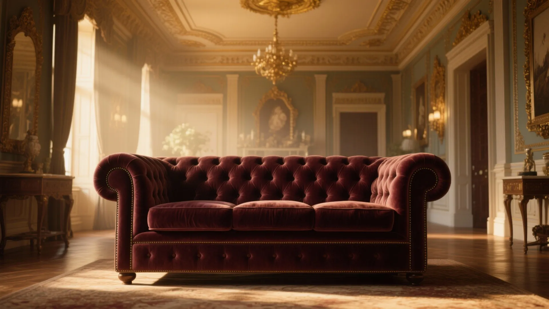 Luxury red velvet sofa in a classic room with gold wall panels and ceiling light