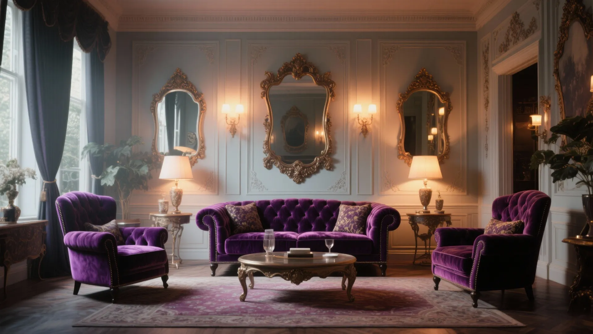 Classic living room featuring purple velvet sofa, armchairs, gold mirrors, wall lights, and coffee table