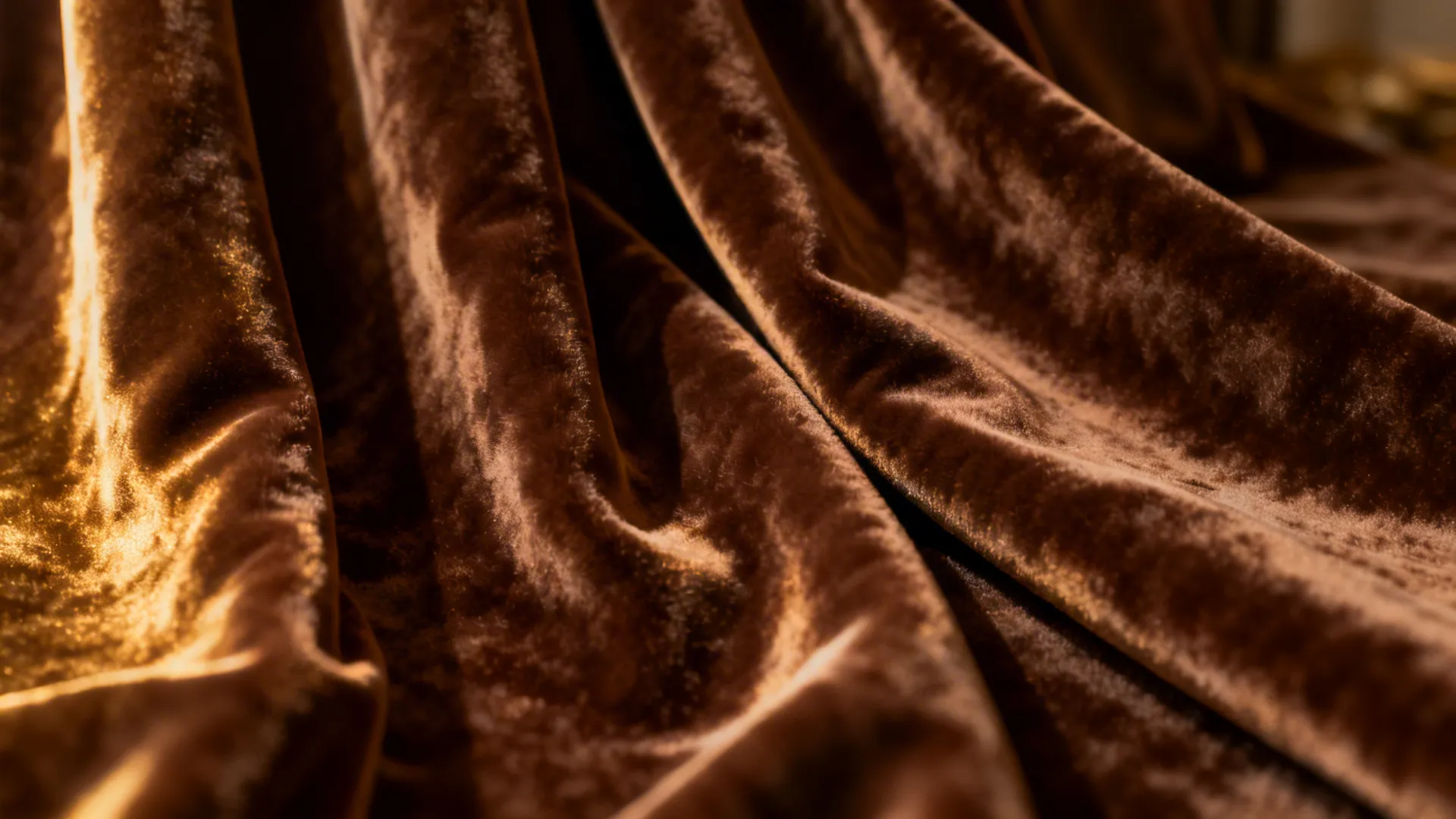 Close-up of chocolate brown velvet curtain showing plush texture and folds