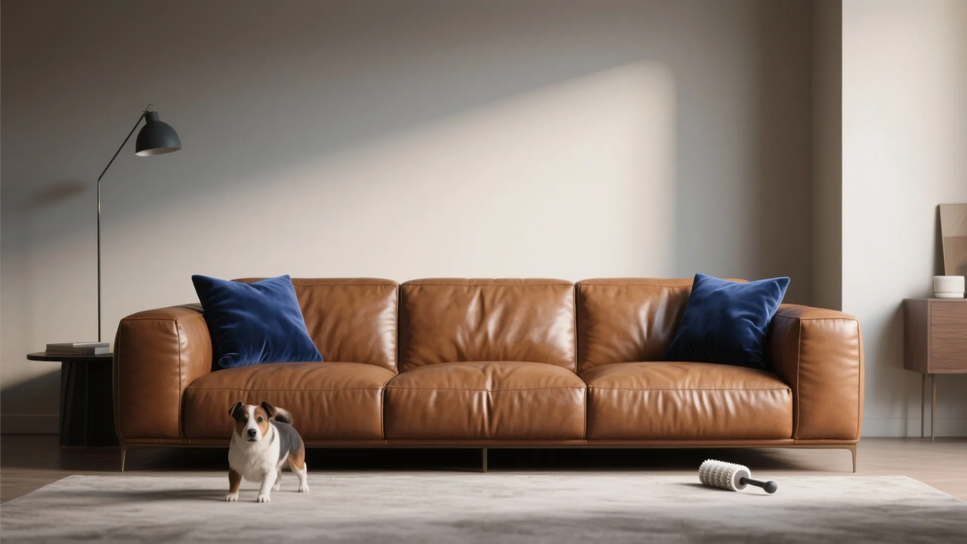 3. Contrast cool blues with warm brown leather