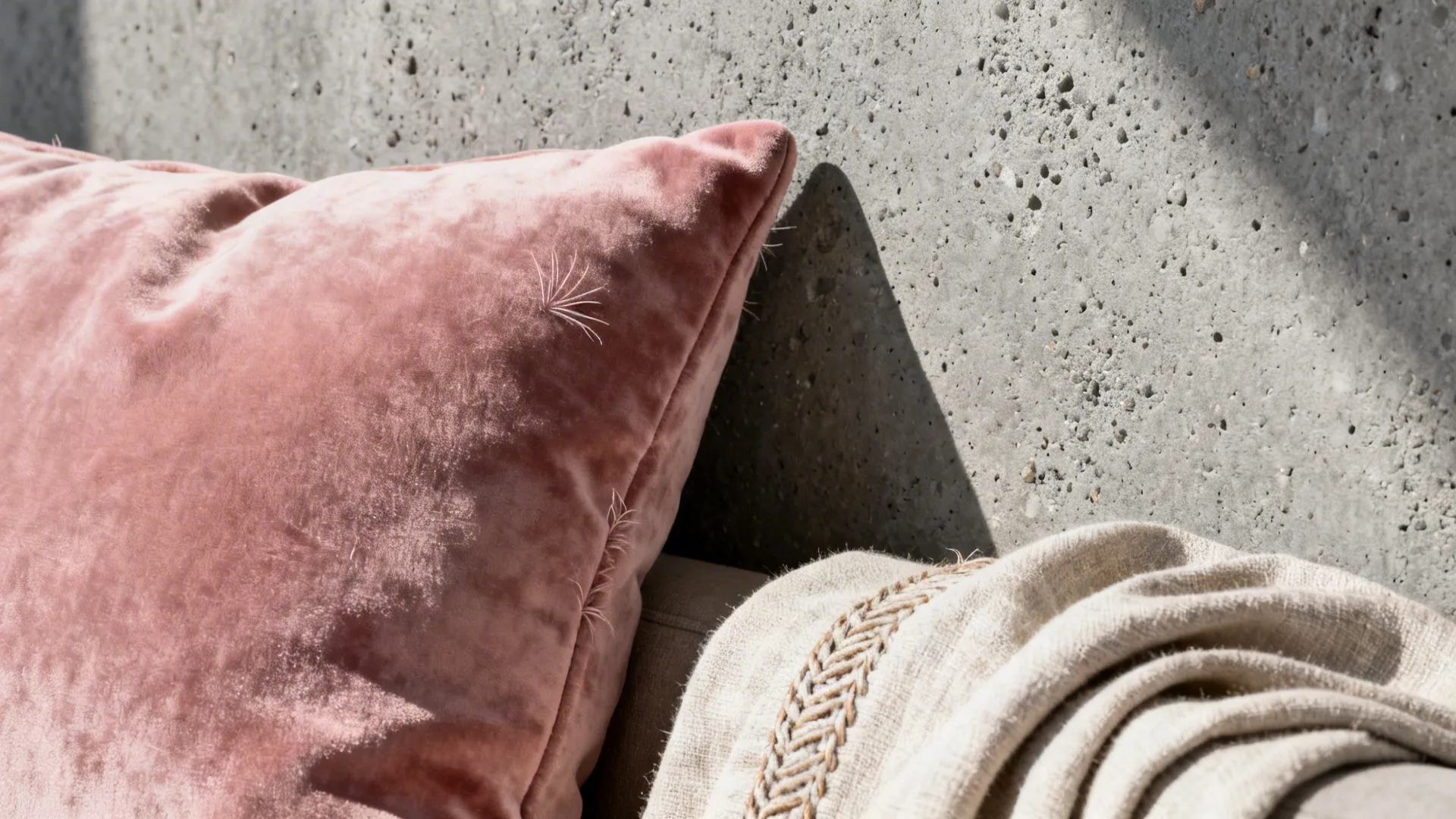 Close-up of velvet pink cushion next to concrete-effect grey wall showing texture contrast
