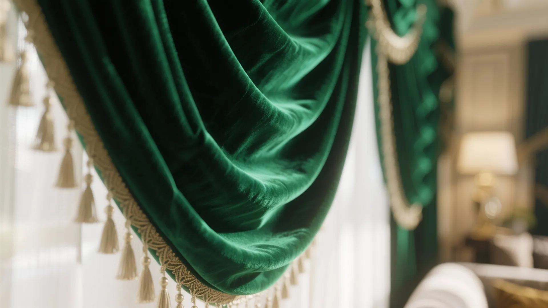 Close up of luxury green velvet curtain with elegant gold fringe tassels in a bright room