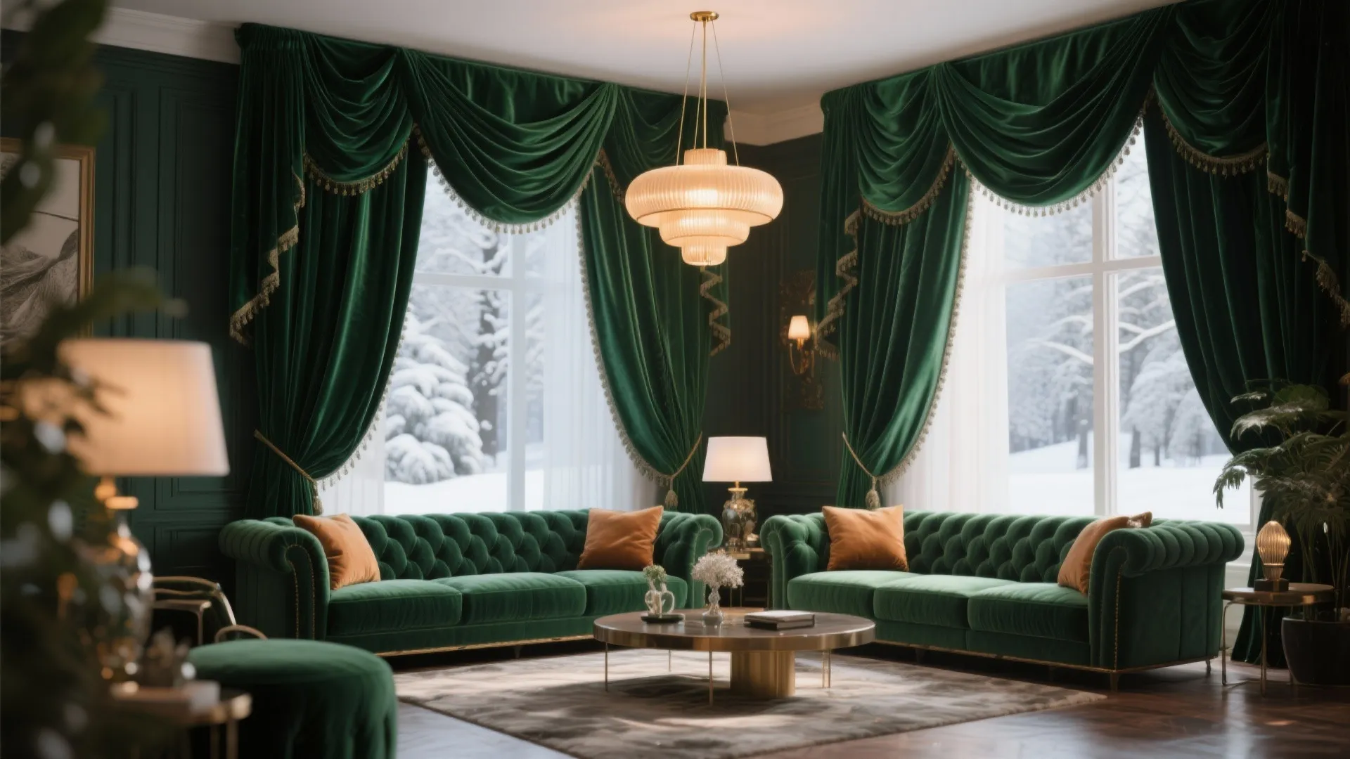 Living room with rich emerald velvet curtains